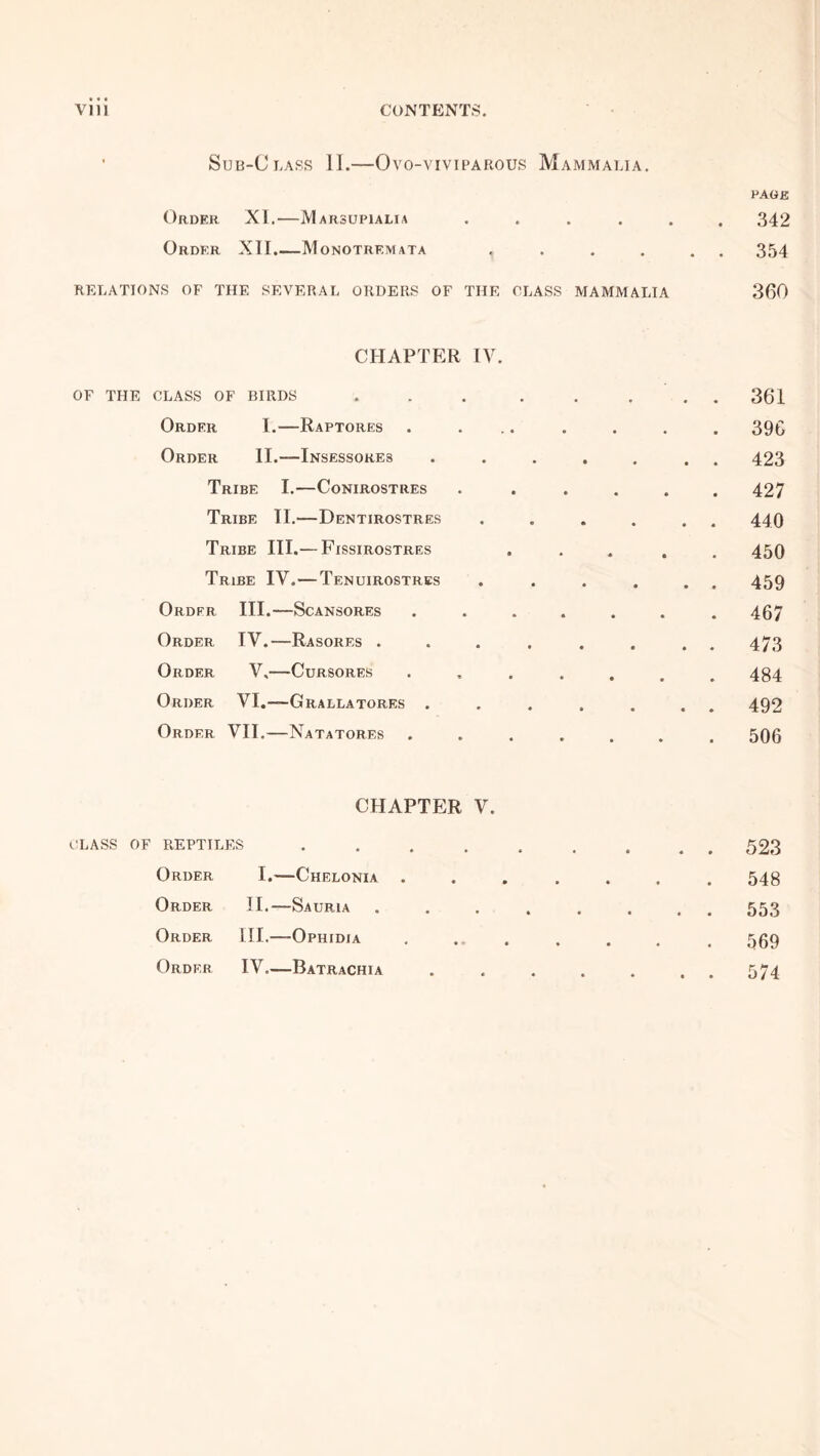 ’ SuB-C LASS 11. OVO-VIVIPAROUS MaMMALIA. PAGB Order XI.—Marsupialia ...... 342 Order XII.—Monotremata . . . . . . 354 RELATIONS OF THE SEVERAL ORDERS OF THE CLASS MAMMALIA 360 CHAPTER IV. OF THE CLASS OF BIRDS Order I.—Raptores Order II.—Insessores Tribe I.—Conirostres Tribe II.—Dentirostres Tribe III.— Fissirostres Tribe IV.—Tenuirostres Order III.—Scansores Order IV.—Rasores . Order V.—Cursoreb Order VI.—Grallatores . Order VII.—Natatores CHAPTER V. CLASS OF REPTILES .... Order I. —Chelonia Order 11,- —Sauria Order IH.- —Ophidia Order IV.. —Batrachia 361 39G 423 427 440 450 459 467 473 484 492 506 523 548 553 569 574