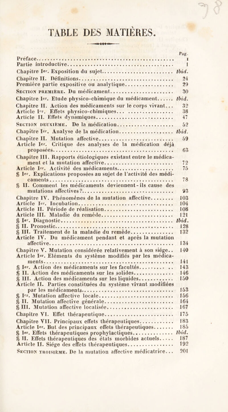 TABLE DES MATIÈRES. Pafî. Préface i Partie introductive ï Chapitre 1er. Exposition du sujet Ibid. Chapitre II. Définitions 24 Première partie expositive ou analytique 29 Section première. Du médicament 30 Chapitre Dr. Etude physico-chimique du médicament Ibid. Chapitre II. Action des médicaments sur le corps vivant... 32 Article Dr. Effets physico-chimiques 38 Article II. Effets dynamiques 47 Section deuxième. De la médication 62 Chapitre Dr. Analyse de la médication Ibid. Chapitre II. Mutation affective 59 Article Dr. Critique des analyses de la médication déjà proposées 63 Chapitre III. Rapports étiologiques existant entre le médica- ment et la mutation affective 72 Article Dr. Activité des médicaments 75 § Dr. Explications proposées au sujet de l’activité des médi- caments 78 .§ II. Comment les médicaments deviennent-ils cause des mutations affectives? 93 Chapitre IV. Phénomènes de la mutation affective 103 Article 1er. Incubation 104 Article II. Période de réalisation 108 Article III. Maladie du remède 121 § 1er. Diagnostic. Ibid. § II. Pronostic 128 § III. Traitement de la maladie du remède 132 Article IV. Du médicament pendant et après la mutation affective 134 Chapitre V. Mutation considérée relativement à son siège.. 140 Article Dr. Eléments du système modifiés par les médica- ments 141 § Ier. Action des médicaments sur les facultés 143 § II. Action des médicaments sur les solides 146 § III. Action des médicaments sur les liquides 150 Article II. Parties constituées du système vivant modifiées par les médicaments 153 § Dr. Mutation affective locale 156 § II. Mutation affective générale 164 § III. Mutation affective localisée 167 Chapitre VI. Effet thérapeutique 175 Chapitre VII. Principaux effets thérapeutiques 183 Article Dr. But des principaux effets thérapeutiques 185 § Dr. Effets thérapeutiques prophylactiques Ibid. § II. Effets thérapeutiques des états morbides actuels 187 Article II. Siège des effets thérapeutiques 192 Section troisième. De la mutation affective médicatrice... 201