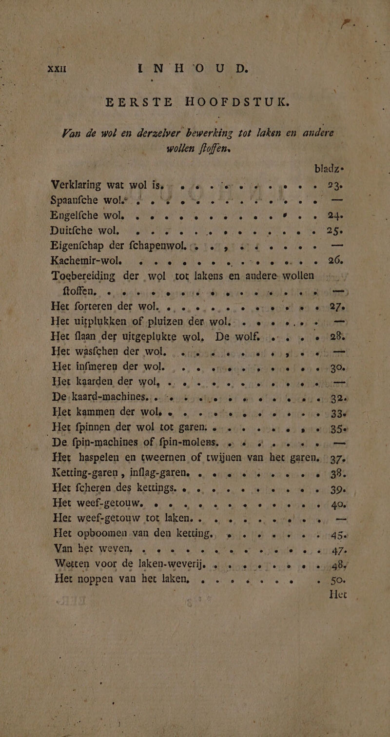 xx INH UD. wollen flofen. Verklaring wat wol iss» … sa ter ein. Engelfche wol. ee ae ee OERS WOL Was ee ae Eigenfchap der fchapenwol, . . Kachemir-wol. she. 5. e ftoffen, . oe . id U} ‘ee © Het uitplukken of pluizen der wol, . Het flaan der uitgeplukte wol, Het wäsfchen der wol, , mess slantl 6 Het infmeren der wol. . . Het kaarden..der wol, … „ee: De kaard-machines. … …… «ee e Het kammen der wol © . … ee Het fpinnen der wol tot garen... . De fpin-machines of fpin-molens. » « „ . Het haspelen en tweernen of twijnen van Ketting-garen, inflag-garen. . « « « Het fcheren des kettings. . … .. « Hier weef-getouw.. 0, se oi ni ee Her weef-getouw tot laken. . . . Het opboomen van den ketting. » a Na WOVEN N Re vi Wetten voor de laken-weverij, 2. « Het noppen van het laken, . . el bladz»