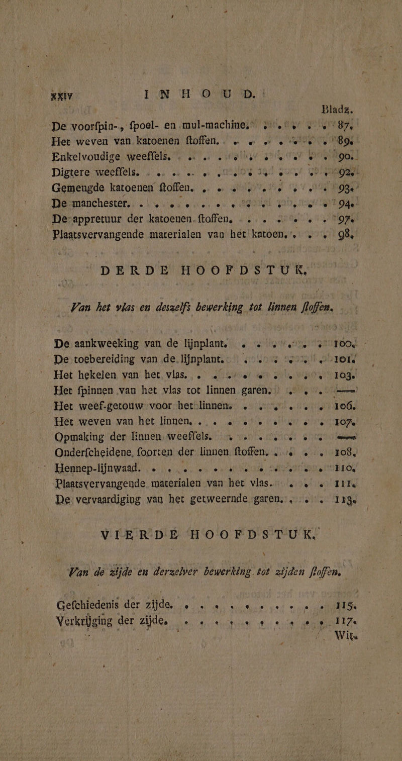 Het weven van katoenen ftoffen. Enkelvoudige weeffels. - … … . Dipgera MEREL: don od We) Gemengde katoenen ftoffen. .. » De manchester. … 2 2.2... ® Ld Bladz. We 87, e “89 «go. «9e De toebereiding van de.lijnplant, Het hekelen van het vlas, . … ® Het weven van het linnen, . . Opmaking der linnen, weeflels. „Heenep-lijnwaad. „ete, ene \ _I17.