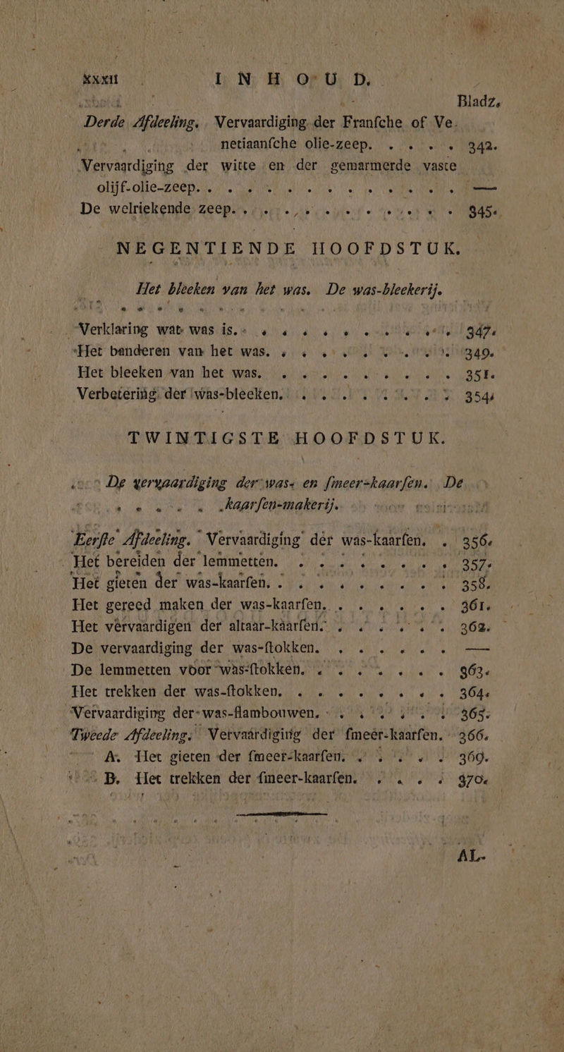 ka INH oft Dy: eaten, br Bladz, Derde Afdeeling, , Vervaardiging. der Franfche of Ve. N netiaanfche olie-zeep. . . . … 342. Werde der witte en der gemarmerde vaste OIIL-OUE-ZERDAN (0 REEL t lap) NER eNDe De 'welriekendeszecgan fers » lap rie yet «jo fte 945 NEGENTIENDE HOOFDSTUK, eld bleeken van het was. De was-bleekerij. Verklaring wat was is. he é é s é é . 0) é ee 2347: «Het benderen wam het was. 4 &gt; WE Weke ti 4 De Her bieeken Aran het MRSA wenn a OE nei ede 35 Verbateriägi der twas-bleelken, 1. Us UI IT MVMN 354 TWINTIGSTE HOOFDSTUK. ‚De vervaardiging der‘was+ en Imershanfen. De „kaarfen-makerij. 1a a « ‘Eerfte’ Afdeeling. | Vervaardiging der was- -kaarfen. . 356, Het bereiden ORE thee ARO DE OPB Ad Het gieren der wasckaafeh 0. u. 8884 Het gereed maken der was-kaarfen. . . . 2... 361 Het vervaardigen der altaar-käarfen. . … . .. . 362. ° De vervaardiging der was-ftokken. . 2 2 2.2... — De lemmetten vbor was-ftokken. . 2 … … . . . 363 Het trekken der. 'was-ltokken;, con. 4... 364 Vervaardiging der-was-Aambouwen. » . ‘4’ 4. 96; _ Tweede Afdeeling. Vervaardiging der fmeer-kaarfen. - 366. A. Her gieten der (meer-kaarfen. 7. 2 2 2 300. „B. Het trekken der fmeer-kaarfen. . … . « 370 JAL