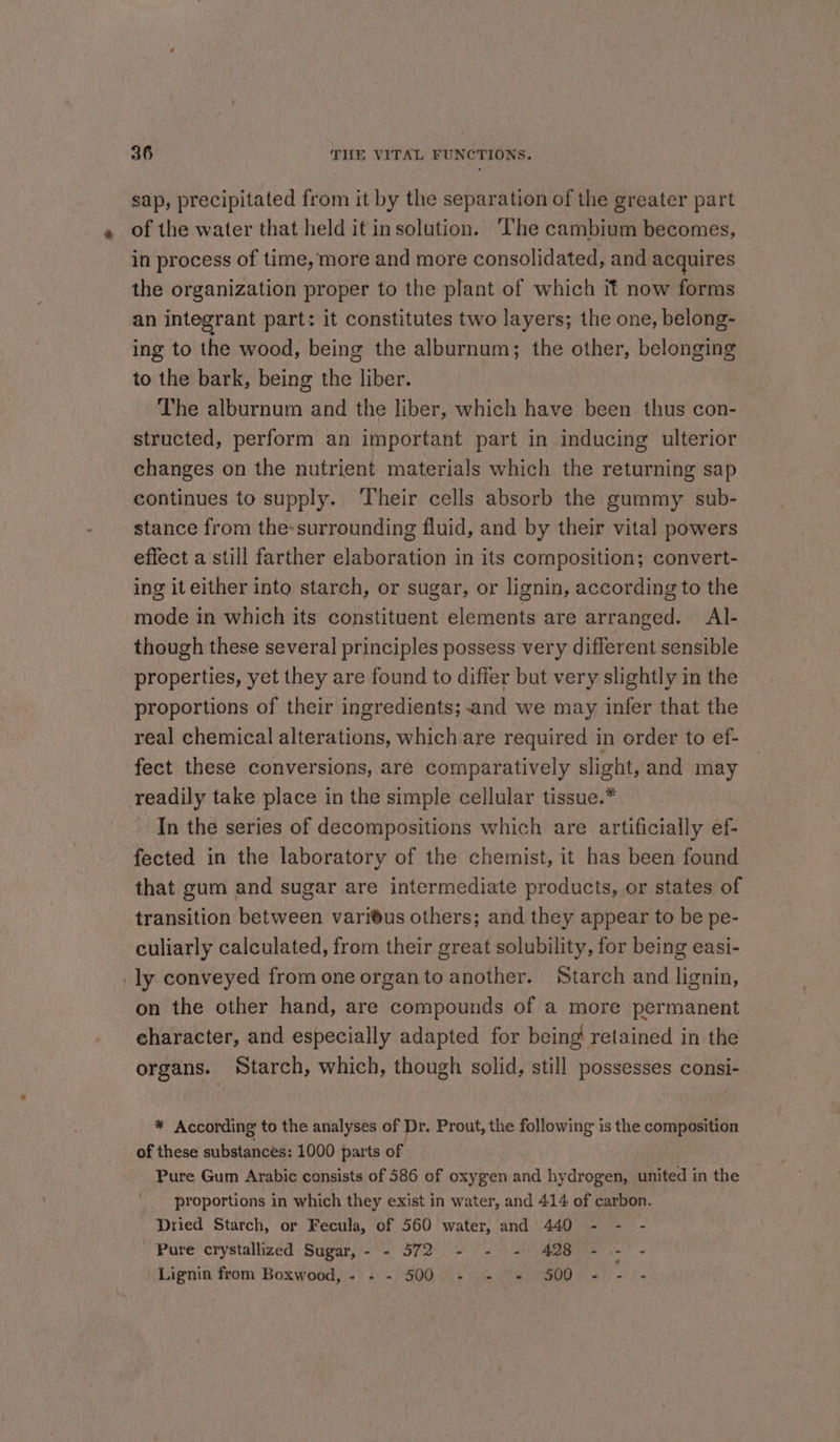 sap, precipitated from it by the separation of the greater part of the water that held it in solution. ‘The cambium becomes, in process of time, more and more consolidated, and acquires the organization proper to the plant of which if now forms an integrant part: it constitutes two layers; the one, belong- ing to the wood, being the alburnum; the other, belonging to the bark, being the liber. The alburnum and the liber, which have been thus con- structed, perform an important part in inducing ulterior changes on the nutrient materials which the returning sap continues to supply. Their cells absorb the gummy sub- stance from the-surrounding fluid, and by their vital powers effect a still farther elaboration in its composition; convert- ing it either into starch, or sugar, or lignin, according to the mode in which its constituent elements are arranged. Al- though these several principles possess very different sensible properties, yet they are found to differ but very slightly in the proportions of their ingredients; .and we may infer that the real chemical alterations, which are required in order to ef- fect these conversions, are comparatively slight, and may readily take place in the simple cellular tissue.* In the series of decompositions which are artificially ef- fected in the laboratory of the chemist, it has been found that gum and sugar are intermediate products, or states of transition between varius others; and they appear to be pe- culiarly calculated, from their great solubility, for being easi- ly conveyed from one organto another. Starch and lignin, on the other hand, are compounds of a more permanent character, and especially adapted for being retained in the organs. Starch, which, though solid, still possesses consi- * According to the analyses of Dr. Prout, the following is the composition of these substances: 1000 parts of Pure Gum Arabic consists of 586 of oxygen and hydrogen, united in the proportions in which they exist in water, and 414 of carbon. Dried Starch, or Fecula, of 560 water, and 440 - - - Pure crystallized Sugar, - - 572 - - - 428 - - - Lignin from Boxwood, - - - 500 - - + 500 - - -