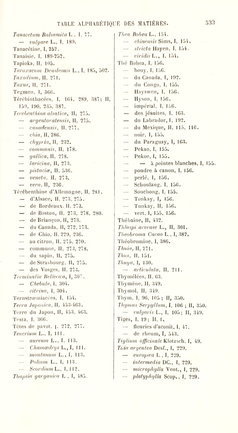 Tnnacetum Ralsantila L , I, 77. — vulgare L., 1. 18'.). Tanacétine, I. 252. Tanaisie, I, 189-252. Tapioka, 11, 105. Taraxacum De usinants L., I, 185, 502. Taxodium, II, 271. Taxus, II, 271. Tegmen, I, 3G(i. Térébinthacées, I, 104, 289, 387; 11, 150, 190, 235, 387. Terebenthina alsatica, II, 275. — argentoralensis, II, 275. — cattadensis, II. 277. — chia, H, 280. — chyptia, II, 232. — commuais, II, 178. — gallica, II. 278. — laricina, II, 273. — pistaciœ, II, 530. — veneta, II, 273. — vera, II, 230. Térébenthine d’Allemagne, II, 281. — d’Alsace, II, 273, 275. — de Bordeaux, 11. 273. — de Boston, II, 273, 278, 280. — de Briançon, II, 273. — du Canada. Il, 272, 273. — de Cliio. II, 229, 230. — au citron, II, 275, 270. — commune, II, 273, 278. — du sapin, II, 275. — de Strasbourg, II, 275. — des Vosges, II, 273. Terminalia Hellerica, 1, 307. — Chebu/a, I. 304. — citrinn, I, 304. Ternstrœmiacées, I, 154. Terra Japonica, II, 453-403. Terre du Japon, 11, 453, 403. Testa, I. 300. Tètes de pavot, [, 272, 277. Teucrium L., I, III. — aureurn L., I. 113. — Chamœdrgs L., I, 111. — montanum L., I, 113. Valium L., I, 113. Scorclium L., I, 112. Thnpsin garganica h , I, 485. Thra Bohea I.., 154. — c/nnensis Si ms, I, 154. stricto Hayen, I, 154. — viridis L., I, 154. Thé Boliea, I, 150. — bouy, I, 156. du Canada, I, 192. du Congo, 1, 155. Hayswen, I, 156. — Hyson, I, 156. — impérial, I, 156. — des jésuites, I, 103. — du Labrador, I, 192. — du Mexique, II, 115, 110. — noir, I, 155. — du Paraguay, I, 103. — Pekao, I, 155. — Pekoe, I, 155. — à pointes blanches, I, 155. — poudre à canon, I, 150. — perlé, 1, 150. — Schoulang, I, 150. — Souchong, I, 155. — Tonkay, I, 156. — Tunkay, II, 150. — vert, I, 155, 156. Thébaine, II, 432. Th/aspi arvense L., II, 301. Theobroma Cacao L., I, 382. Théobromine, I, 380. Thuia, II, 271. Titus, II, 151. Thuya, I, 130. — articulata, II, 211. Thymélées, II, 03. Thymène, 11, 349. Thymol, II, 349. Thym, I, 90, 105 ; II, 350. Thymus Serpyllum, I, 106 ; II, 350. vulgaris L., I, 105 ; II, 349. Tiges, I, 19; II, I. — fleuries d’aconit, I, 47. — de rheum, I, 543. Tiglium officinale Klotzsch, I, 49. T ilia aryentea Desf., I, 229. — europœa L , I, 229. — intermedia DC., I, 229. — microphylla Vent., I, 229. — platyphylla Scop., I, 229.