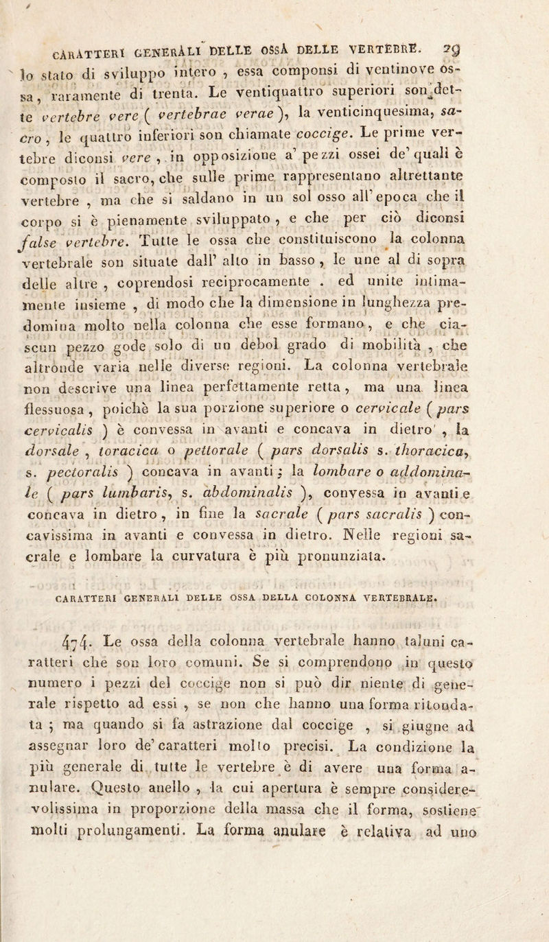 CARÀTTERI GENERALI DELLE OSSÀ DELLE VERTEBRE. 2Q lo stato di sviluppo intero , essa componsi di ventinove os¬ sa, raramente di trenta. Le ventiquattro superiori soindct- te vertebre vere ( vertebrae verae ), la venticinquesima, sa¬ cro , le quattro inferiori son chiamate coccige. Le prime ver¬ mehre dscolisi vere , in opposizione a pe/..zi ossei de quali e composto il sacro, che sulie prime tappi esentano altrettante vertebre « ma che si saldano m un sol osso all epoca che il ' \ corpo si c pienamente sviluppato , e che per ciò diconsi false vertebre. Tutte le ossa che constituiscono la colonna vertebrale son situale dall’ alto in basso, le une al di sopra delle altre , coprendosi reciprocamente . ed unite intima¬ mente insieme , di modo che la dimensione in lunghezza pre¬ domina molto nella colonna che esse formano, e che eia- - scun pezzo gode solo di un deboi grado di mobilita , che altronde varia nelle diverse regioni. La colonna vertebrale non descrive una linea perfettamente retta, ma una linea flessuosa , poiché la sua porzione superiore o cervicale ( pars cervicalis ) è convessa in avanti e concava in dietro' , la dorsale , toracica o pettorale ( pars dorsalis s. thoracica, s. pectoralis ) concava in avanti ; la lombare o addomina¬ le ( pars lumbaris, s. abdominalis ), convessa in avanti e concava in dietro , in fine la sacrale ( pars sacralis ) con¬ cavissima in avanti e convessa in dietro. Nelle regioni sa¬ crale e lombare la curvatura è piu pronunziata. CARATTERI GENERALI DELLE OSSA DELLA COLONNA VERTEBRALE. 474. Le ossa delia colonna vertebrale hanno taluni ca¬ ratteri che son loro comuni. Se si comprendono in questo numero i pezzi del coccige non si può dir niente di gene¬ rale rispetto ad essi , se non che hanno una forma ritonda- ta ; ma quando si fa astrazione dal coccige , si giugne ad assegnar loro de’caratteri molto precisi. La condizione la piu generale di tutte le vertebre è di avere una forma a- nulare. Questo anello , la cui apertura è sempre considere¬ volissima in proporzione della massa che il forma, sostiene molti prolungamenti. La forma anulare è relativa ad uno