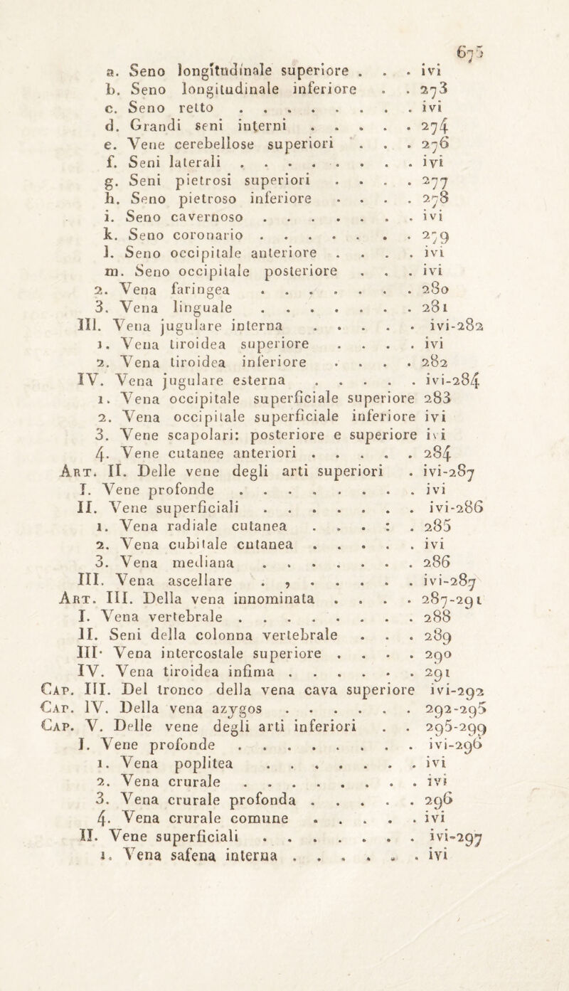 b. Seno longitudinale inferiore . 2y3 c. Seno retto. d. Gran di seni interni .... • 274 e. Vene cerebellose superiori . 276 f. Seni laterali ....... g. Seni pietrosi superiori • -77 h. Seno pietroso inferiore . 278 i. Seno cavernoso . k. Seno coronario. • 279 J. Seno occipitale anteriore . ivi ni. Seno occipitale posteriore . ivi . Vena faringea. . 280 . Vena linguale. III. Vena jugulare interna j. Vena tiroidea superiore 2. Yen a tiroidea interiore IV. Vena jugulare esterna ivi-282 ivi 282 ivi-284 1. Vena occipitale superficiale superiore 283 2. Vena occipitale superficiale inferiore ivi 3. Vene scapolari: posteriore e superiore ivi 4- Vene cutanee anteriori.284 ÀRTi II. Delle vene degli arti superiori . ivi-287 I. Vene profonde.ivi II. Vene superficiali ....... ivi-286 1. Vena radiale cutanea : 285 2. Vena cubitale cutanea.ivi 3. Vena mediana.286 III. Vena ascellare . ivi-287 Art, III. Della vena innominata .... 287-291 I. Vena vertebrale.2< lì. Seni della colonna vertebrale III* Vena intercostale superiore .... IV. Vena tiroidea infima. Cap. III. Del tronco della vena cava superiore C'Ar. IV. Della vena azygos. Cap. V. Delle vene degli arti inferiori I. Vene profonde. 289 290 291 ivi-292, 292-29 5 295-299 ivi-296 1. Vena poplitea . . . . ivi 2. Vena crurale .... . . . . ivi 3. Vena crurale profonda . . . . . 296 4- Vena crurale comune . ivi II. Vene superficiali .... ivi-297 1. Vena safena interna , . . . . . ivi