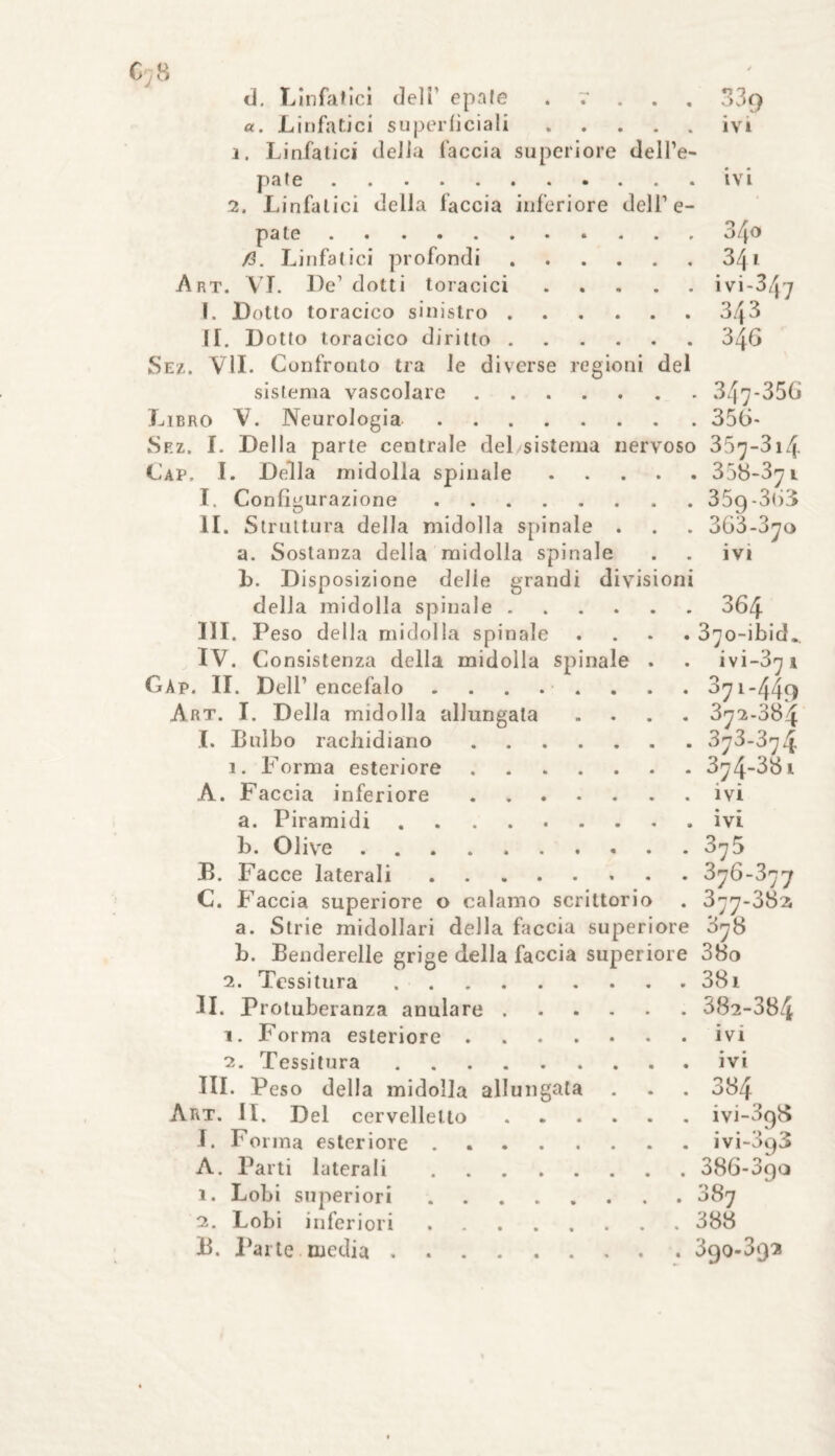 C?8 d. Linfatici deli epale . 7 33g a. Linfatici superficiali.ivi ì. Linfatici della faccia superiore dell’e¬ pa te .ivi 2. Linfatici della faccia inferiore dell’e- pate.34o /3. Linfatici profondi.341 Art. VI. l)e’ dotti toracici.ivi-3^7 I. Dotto toracico sinistro.343 II. D otto toracico diritto.346 Sez. VII. Confronto tra le diverse regioni del sistema vascolare. 347*356 Libro V. Neurologia. 356- Sez. I. Della parte centrale del sistema nervoso 357-314- Cap. I. Della midolla spinale. 358-371 I. Configurazione.35g*363 li. Struttura della midolla spinale . . . 36ò-3^o a. Sostanza delia midolla spinale . . ivi B. Disposizione delie grandi divisioni della midolla spinale.364 III. Peso della midolla spinale .... 370-ibid. IV. C onsistenza della midolla spinale . . ivi-d^i Gap. II. Dell’encefalo ........ 3y 1 ~44f> Art. I. Della midolla allungata .... 372-384 I. Bulbo rachidiano.3n3-3rj^ 1. Forma esteriore. 374-381 A. Faccia inferiore.ivi a. Piramidi.ivi b. Olive.375 B. Facce laterali. 3j6-3nj C. Faccia superiore o calamo scriltorio . 377-382 a. Strie midollari della faccia superiore 3^8 b. Benderelle grige della faccia superiore 38o 2. Tessitura ..38i II. Protuberanza anulare. 382-384 1. Forma esteriore.ivi 2. Tessitura.ivi III. Peso della midolla allungata . . . 384 Art. II. Del cervelletto.ivi-3g8 I. Forma esteriore . ivi-3g3 A. Parti laterali. 386-3go 1. Lobi superiori.387 2. Lobi infer iori. . 388 B. Parte media.3go-3g2