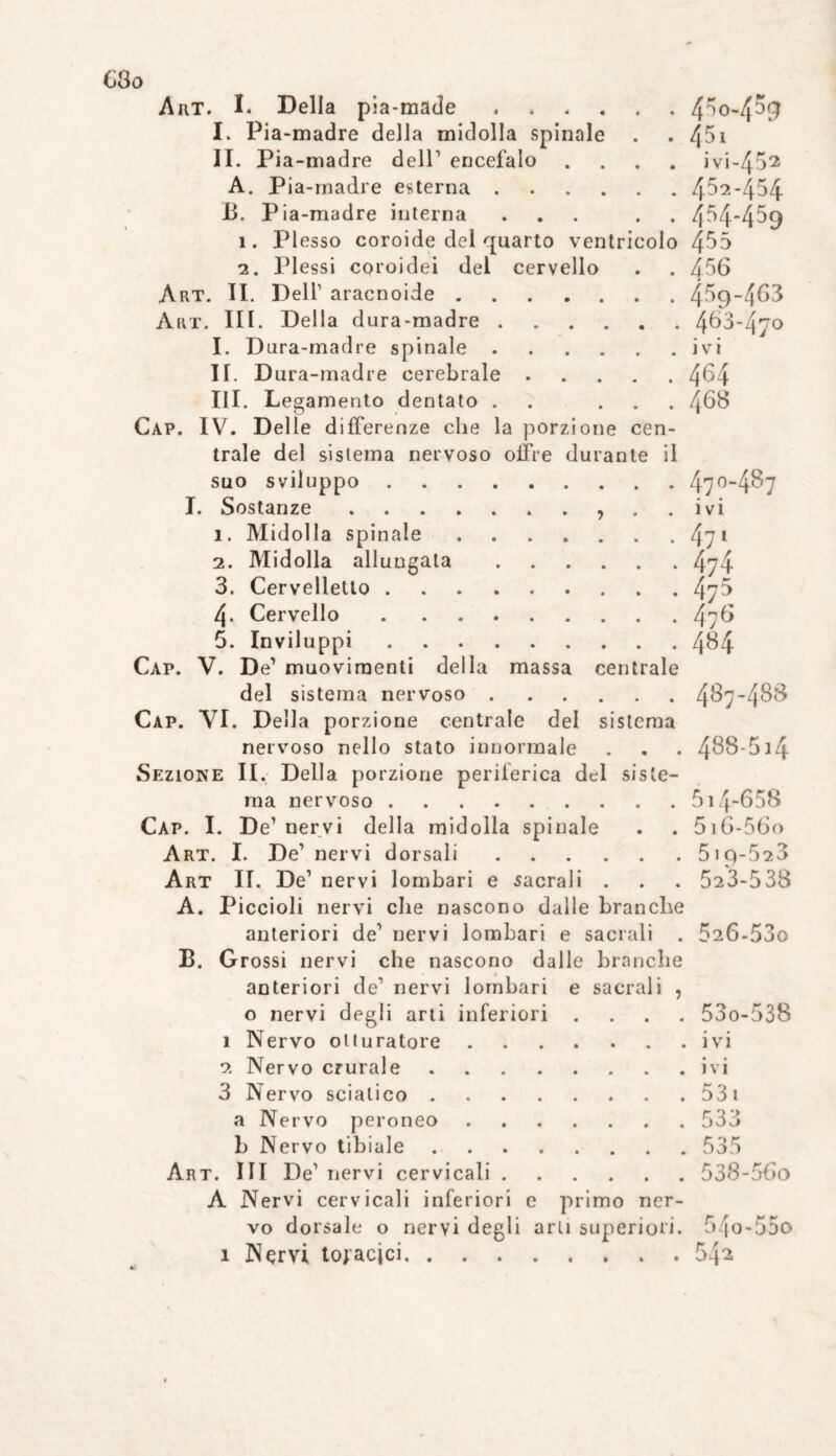 Art. I* Della pia-made ...... I. Pia-madre della midolla spinale II. Pia-madre dell1 encefalo .... A. Pia-madre esterna. II. Pia-madre interna ... . ì. Plesso coroide del quarto ventricolo 2. Plessi coroidei del cervello Art. II. Dell1 aracnoide. Art. IH. Della dura-madre. 1. Dura-madre spinale. II. D ura-madre cerebrale. III. Legamento dentato . ... Cap. IV. Delle differenze che la porzione cen¬ trale del sistema nervoso offre durante il suo sviluppo. I. Sostanze., ì. Midolla spinale. 2. Midolla allungata. 3. Cervelletto. 4- Cervello. 5. Inviluppi. Cap. V. De1 muoviraenti della massa centrale del sistema nervoso. Cap. VI. Della porzione centrale del sistema nervoso nello stato innormale Sezione II. Della porzione periferica del siste¬ ma nervoso . Cap. I. De1 nervi della midolla spinale Art. I. De1 nervi dorsali. Art II. De1 nervi lombari e sacrali . A. Piccioli nervi che nascono dalle branche anteriori de1 nervi lombari e sacrali . B. Grossi nervi che nascono dalle branche anteriori de1 nervi lombari e sacrali , o nervi degl i arti in fe ioti 1 Nervo otturatore .ivi 2 Nervo crurale 3 Nervo sciatico . .5 31 a Nervo peroneo .533 L Nervo tibiale .535 III De1 nervi cervicali . . 538-56o 4^0-4% 451 i vi-452 452-454 4H-459 455 456 459-463 463-470 ivi 464 468 470-487 ivi 471 474 475 476 484 487- 488 488- 514 514-658 5 i6-56o 51q-5 2 3 523-538 526-530 53o-538 i e primo ncr- A Nervi cervicali inferior vo dorsale o nervi degli arti superiori. 1 Nervi tojacjci. 5/[o'55o 542