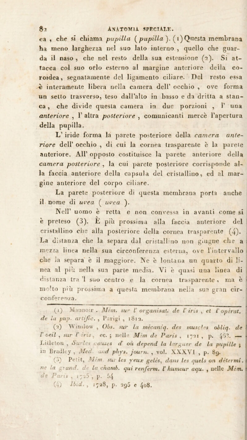 ca , che si chiama pupilla ( pupilla ). ( 1 ) Questa membrana ha meno larghezza nel suo lalo interno , quello che guar¬ da il naso , che nei resto della sua estensione (a). Si at¬ tacca col suo orlo esterno al margine anteriore della co¬ roidea, segnatamente del ligamento ciliare. Del resto essa -è interamente libera nella camera dell* 1 2 3 4 occhio , ove forma \ un setto trasverso, teso dall’alto in basso e da dritta a stan¬ ca , che divide questa camera in due porzioni , l1 una anteriore , T altra posteriore , comunicanti mercè l’apertura della pupilla. L1 iride forma la parete posteriore della camera ante¬ riore dell’ occhio , di cui la cornea trasparente è la parete anteriore. All1 opposto costituisce la parete anteriore della camera posteriore , la cui parete posteriore corrisponde al¬ la faccia anteriore della capsula del cristallino, ed al mar¬ gine anteriore del corpo ciliare. La parete posteriore di questa membrana porta anche il nome di uvea ( uvea ). Nell1 uomo è retta e non convessa in avanti come si è preteso (3). E più prossima alla faccia anteriore del cristallino che alla posteriore della cornea trasparente (4). . La distanza che la separa dal cristallino non ghigne che a mezza iinea nella sua circonferenza esterna, ove lintervallo che ja separa è il maggiore. Ne è lontana un quarto di li¬ nea al più nella sua parte media. Vi è quasi una linea di distanza tra 1 suo centro e la cornea trasparente , ma è molto più prossima a questa membrana nella sua gran cir- 1 conferenza.  '* * ■'** ——- . (1) Maunoir . 3 lèni, sur V organisat. de L’iris , et V opérat, de la pup. artijic. , Parigi , 1812. (2) W in.slow , Obs. sur la rnècaniq. des rnuscles obliq. de V oe.il , sur V iris, ec. ; nelle Man de Paris , 1721 , p. \rp. — . Lilleton ■> àurles causes d' ori depend la larguer de la pupille j in Bradley , Medi, and phys. journ. , voi. XXXVI , p. 89. (3) Petit, Mera sui Ics yeux gelcs, dans les quels ori deterrai, ne la grand, d■ la chamb. qui renferm, V humeur aqu. , nelle Mòra, ? de Paris , i'-yiS , p. £>4 (4) H>id. , i;a8, p. 295 c 408.