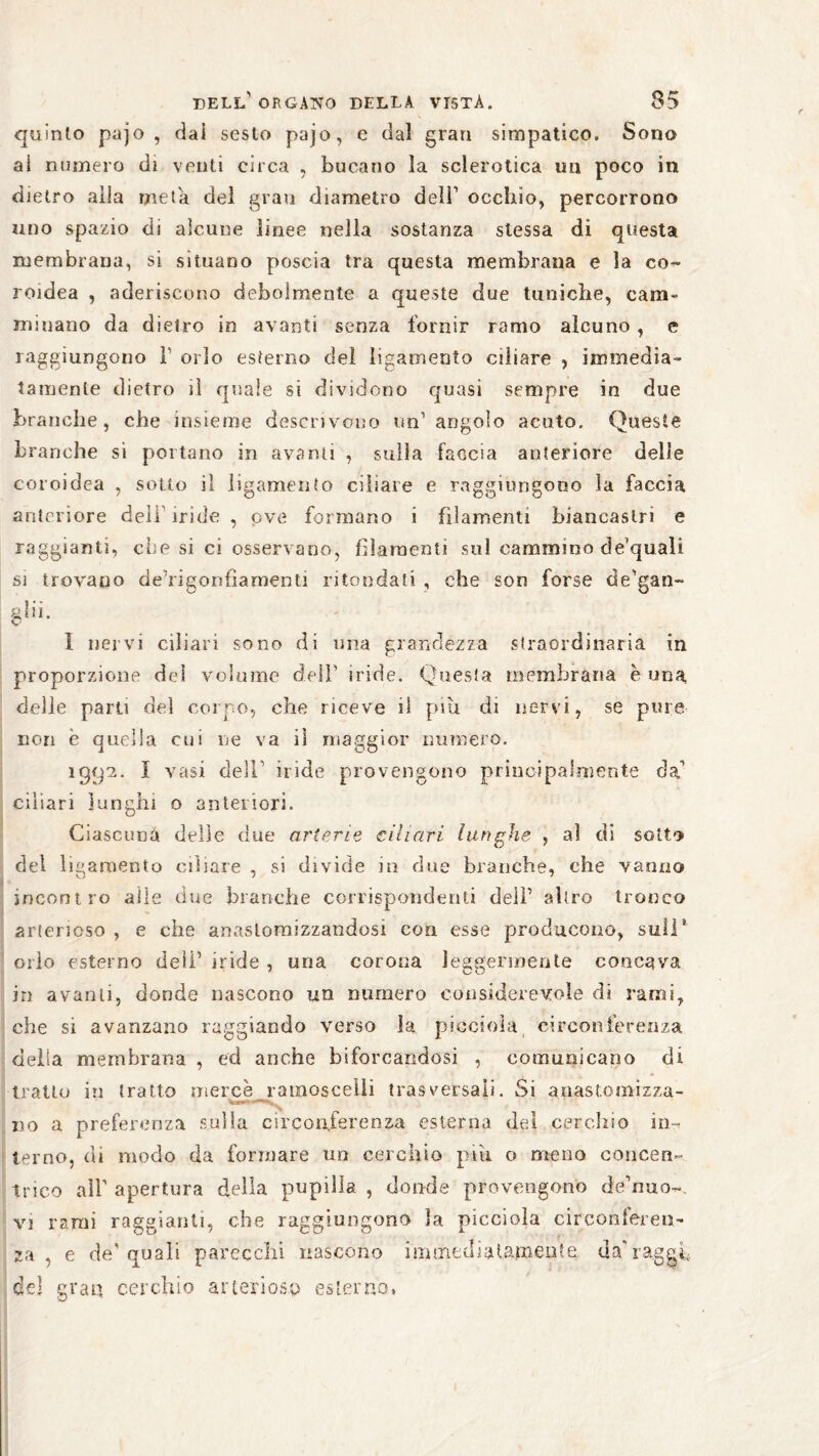 quinto pajo , dai sesto pajo, e dal gran simpatico. Sono ai numero di venti circa , bucano la sclerotica mi poco in dietro alla meta del gran diametro dell1 occhio, percorrono uno spazio di alcune linee nella sostanza stessa di questa membrana, si situano poscia tra questa membrana e la co¬ roidea , aderiscono debolmente a queste due tuniche, cam¬ minano da dietro in avanti senza fornir ramo alcuno , e raggiungono ì1 orlo esterno del ligamento ciliare , immedia¬ tamente dietro il quale si dividono quasi sempre in due branche, che insieme descrivono un’angolo acuto. Queste branche si portano in avanti , sulla faccia anteriore delle coroidea , sotto il ligamento ciliare e raggiungono la faccia anteriore dell iride , ove formano i filamenti biancastri e raggianti, che si ci osservano, filamenti sul cammino dequali si trovano de’ri gonfia menti rifondati , che son forse de’gan- glii. i nervi ciliari sono di una grandezza straordinaria in proporzione dei volume dell’ iride. Questa membrana è una delle parti del corpo, che riceve il piu di nervi, se pure non è quella cui ne va il maggior numero. 1992. I vasi dell’ iride provengono principalmente da1 ciliari lunghi o anteriori. Ciascuna delie due arterie ciliari lunghe , al di sott») del ligamento ciliare , si divide in due branche, che vanno incontro alle due bianche corrispondenti dell’ altro tronco arterioso , e che anaslomizzandosi con esse producono, sull8 orlo esterno deli’ iride , una corona leggermente concqya in avanti, donde nascono un numero considerevole di rami, che si avanzano raggiando verso la picchila circonferenza della membrana , ed anche biforcandosi , comunicano di tratto in tratto mercè ramoscelli trasversali. Si anatomizza¬ no a preferenza sulla circonferenza esterna del cerchio in¬ terno, di modo da formare un cerchio piu o meno concen¬ trico all' apertura della pupilla , donde provengono dehmo- vi rami raggianti, che raggiungono la picciola circonferen¬ za , e de'quali parecchi nascono immediatamente da'raggi, del gran cerchio arterioso esterno,