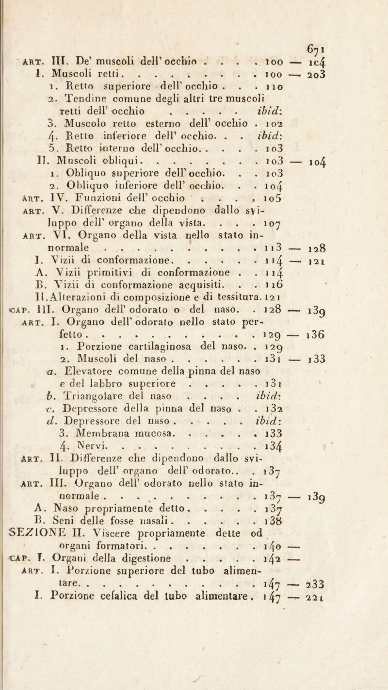 6j i ART. IU. De'muscoli dell’occhio . . . .100 — ic4 I. Muscoli retti.ioo —. 2o3 1. Retto superiore dell1 occhio . . .110 2. Tendine comune degli altri tre muscoli retti dell1 occhio .ibi di 3. Muscolo retto esterno dell1 occhio . 102 4- Retto inferiore dell1 occhio. . . ibid: 5. Retto interno dell1 occhio.io3 II. Muscoli obliqui.io3 — io4 1. Obliquo superiore dell1 occhio. . . io3 2. Obliquo inferiore dell1 occhio. . . io4 Art. IV. Fu nzioni dell1 occhio . . . . io5 art. V. Differenze che dipendono dallo svi¬ luppo dell1 organo della vista. . . . 107 art. VI. Organo della vista nello stato in¬ normale . .. . . 113 — 128 I. Vizii di conformazione.114 — 121 A. Vizii primitivi di conformazione . . 1 i/\ R. Vizii di conformazione acquisiti. . .116 II. Alterazioni di composizione e di tessitura. 121 ■càp. 111. Organo dell’odorato o del naso. . 128 — 139 art. I. Organo dell' odorato nello stato per¬ fetto .129 — i36 1. Porzione cartilaginosa del naso. . 129 2. Muscoli del naso.131 —- 133 a. Elevatore comune della pinna del naso e del labbro superiore . . . . . 131 b. Triangolare del naso .... iòidi c. Depressore della pinna del naso • . i32 d. Depressore del naso ..... ibid: 3. Membrana mucosa. , , . . . i33 4. Nervi.. . i34 Art. II- Differenze che dipendono dallo svi¬ luppo dell’organo dell1 odorato.. . i3t art. III. Organo dell1 odorato nello stato in¬ normale . . . . . . . . . . i3n — >39 A. Naso propriamente detto. . . . . i3y B. Seni delle fosse nasali.i38 SEZIONE II. V iscere propriamente dette od organi formatori.i4o — CAP. J. Organi della digestione.— Art. I. Porzione superiore del tubo alimen¬ tare.147 •— 233 I. Porzione cefalica dei tubo alimentare. 147 — 221