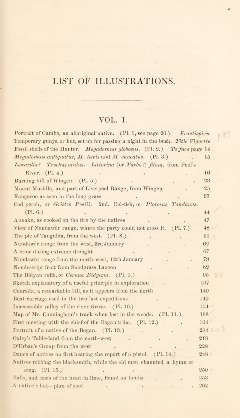 LIST OF ILLUSTRATIONS. VOL. I. Portrait of Cambo, an aboriginal native. (PI. 1, see page 20.) Frontispiece Temporary gunya or hut, set up for passing a night in the bush. Title Vignette Fossil shells of the Hunter. Megadesmus glohosus. (PI. 2.) To face page 14 Megadesmus antiqnatus, M. Icevis and M. cuneatus. (PI. 3.) . 15 Isocardia? Trochus oculus. Littorina {or I'lirbo l) filosa, from Peel’s River. (PL 4.) . . . 16 Burning hill of Wingen. (PI. 5.) . . . 23 Mount Muriilla, and part of Liverpool Range, from Wingen . 25 Kangaroo as seen in the long grass . . 37 Cod-perch, or Gristes Peelii. 2nd. Eel-fish, or Plotosas Tandanus. (PI. 6.) . . . 44 A snake, as cooked on the fire by the natives . . 47 View of iVundawar range, where the party could not cross it. (PI. 7.) 48 The pic of Tangulda, from the west. (PI. 8.) . . 51 Kundaw^ar range from the west, 3rd January . . 62 A crow during extreme drought . . 67 Nundawar range from the north-west, 12th January . . 73 Nondescript fruit from Snodgrass Lagoon . . 82 The Bidyan ruffe, or Ceriiua Bidyana. (PI. 9.) 95 Sketch explanatory of a useful principle in exploration . 107 Courada, a remarkable hill, as it appears from the north 140 Boat-carriage used in the two last expeditions . 149 Inaccessible valley of the river Grose. (PL 10.) . 154 Map of ^Ir. Cunningham’s track when lost in the woods. (PL 11.) 188 First meeting with the chief of the Bogan tribe. (PL 12.) . 194 Portrait of a native of the Bogan. (PL 13.) . . 204 Oxley’s Table-land from the north-w'est . . .213 D’Urban’s Group from the west . . . 228 Dance of natives on first hearing the report of a pistol. (PL 14.) 248 Natives robbing the blacksmith, while the old men chaunted a hymn or song. (PL 15.) . . . 250 Balls, and casts of the head in lime, found on tombs . . 253 A native’s hut—plan of roof . . . . 262