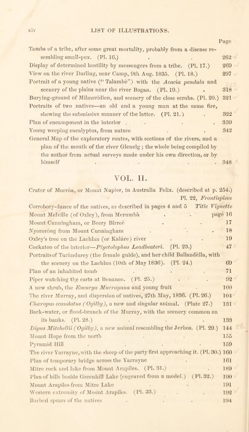 Page Tombs of a tribe, after some great mortality, probably from a disease re¬ sembling small-pox. (PL 16.) . . 262 Display of determined hostility by messengers from a tribe. (PI. 17.) 269 View on the river Darling, near Camp, 9th Aug. 1835. (PI. 18.) 297 Portrait of a young native (“ Talambe”) with the Acacia ijcndula and scenery of the plains near the river Bogan. (PI. 19.) . 318 Burying-ground of Milmeridien, and scenery of the close scrubs. (PI. 20.) 321 Portraits of two natives—an old and a young man at the same fire, shewing the submissive manner of the latter. (PI. 21.) . 322 Plan of encampment in the interior . . . . 339 Young weeping eucalyptus, from nature . . 342 General Map of the exploratory routes, with sections of the rivers, and a plan of the mouth of the river Glenelg; the whole being compiled by the author from actual surveys made under his own direction, or by himself . . . . 348 VOL. II. Crater of Murroa, or Mount Napier, in Australia Felix, (described at p. 254.) PL 22, Frontisjnece Corrobory-dance of the natives, as described in pages 4 and 5 Title Vignette Mount Melville (of Oxley), from Merumba . . page 16 Mount Cunningham, or Beery Birree . - 17 Nyororong from Mount Cunningham . . .18 Oxley’s tree on the Lachlan (or Kalare) river . . 19 Cockatoo of the interior—Plyctoloplms Leadbeateri. (PI. 23.) 47 Portraits of Turaiidurey (the female guide), and her child Ballandella, with the scenery on the Lachlan (10th of IMay 1836). (PL 24.) 69 Plan of an inhabited tomb . • .71 Piper watching the carts at Benanee. (PL 25.) . . 92 A new shrub, the Jducarya Murrayana and young fruit . 100 The river Murray, and dispersion of natives, 27th May, 1836. (PL 26.) 104 Ch(jRro}m& ecaudatus (Ogilby), a new and singular animal. (Plate 27.) 131 Back-water, or flood-branch of the Murray, with the scenery common on its banks. (PL 28.) . . . 133 Dijms Mitcliellii (Ogilby), a new animal resembling the Jerboa. (PL 29.) 144 Mount Hope from the north . . 155 Pyramid Hill . . • -159 The river Yarrayne, with the sheep of the party first approaching it. (PL 30.) 160 Plan of temporary bridge across the Yarrayne . 161 Mitre rock and lake from Mount Arapiles. (PL 31.) . 189 Plan of hills beside Greenhill Lake (engraved from a model.) (PL 32.) 190 Mount Arapiles from Mitre Lake • • 191 Western extremity of Mount Ara[)iles. (PL 33.) . . ijjo Barbed spears oi‘the natives . . . 194