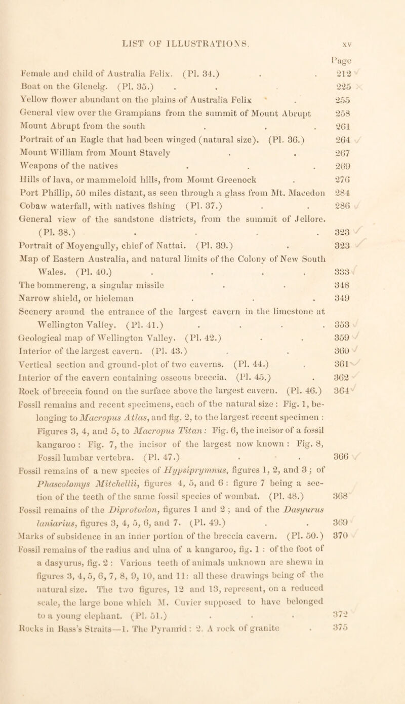 Fenuilo and child of Australia Felix. (PL 34.) Boat on the Glcnolg. (PL 35.) Vollow iiower abundant on the i)lains of Australia Felix General view over the Grarnj)ians from the summit of Mount Abrupt Mount Abrupt from the south Portrait of an Eagle that had been winged (natural size). (PL 3G.) Mount AVilliam from Mount Stavely Weapons of the natives Hills of lava, or mammeloid hills, from Mount Greenock Port Phillip, 50 miles distant, as seen through a glass from IMt. IMacedon Cobaw waterfall, with natives fishing (PL 37.) General view of the sandstone districts, from the summit of Jellore. (PL 38.) .... Portrait of Moyengully, chief of Nattai. (PL 39.) Map of Eastern Australia, and natural limits of the Colony of New South ^yales. (PL 40.) . ... The bommereng, a singular missile Narrow shield, or hieleman Scenery around the entrance of the largest cavern in the limestone at Wellington Valley. (PL 41.) . . . . Geological map of Wellington Valley. (PL 42.) Interior of the largest cavern. (PL 43.) Vertical section and ground-plot of two caverns. (PL 44.) Interior of the cavern containing osseous breccia. (PL 45.) Rock of breccia found on the surface above the largest cavern. (PL 40.) Fossil remains and recent specimens, each of the natural size : F4g. 1, be¬ longing to jMacropus Atlas^ and fig. 2, to the largest recent specimen : Figures 3, 4, and 5, to Blacropus 2'itan: Fig. 0, the incisor of a fossil kangaroo : Fig. 7, the incisor of the largest now known ; Fig. 8, Fossil lumbar vertebra. (PL 47.) Fossil remains of a new species of Hypsiprymnus, figures 1, 2, and 3; of Phascolomys Mitchellii, ligurcs 4, 5, and 0 : figure 7 being a sec¬ tion of the teeth of the same fossil species of wombat. (PL 48.) Fossil remains of the Piprotudon, figures 1 and 2 ; and of the Dasyunis hmiarius, figures 3, 4, 5, 0, and 7. (PL 49.) Marks of subsidence in an inner portion of the breccia cavern. (PL 50.) Fossil remains of the radius and ulna of a kangaroo, fig. 1 : of the foot of a dasyurus, fig. 2 ; Various teeth of animals unknown are shewn in figures 3, 4,5, 0, 7, 8, 9, 10, and 11: all these drawings being of the natural size. The two figures, 12 and 13, represent, on a reduced scale, the large bone which M. ( 'uvier suj>posed to have belonged to a young elephant. (PL 51.) Rucks in Hass’s Straits — 1. The Pvramid : 2. A rock of granite. Page 212 225 255 258 201 204 207 209 270 284 28(; 323 323 333 348 349 353 359 300 301 302 304^/ 300 3(58 309 370 372 375