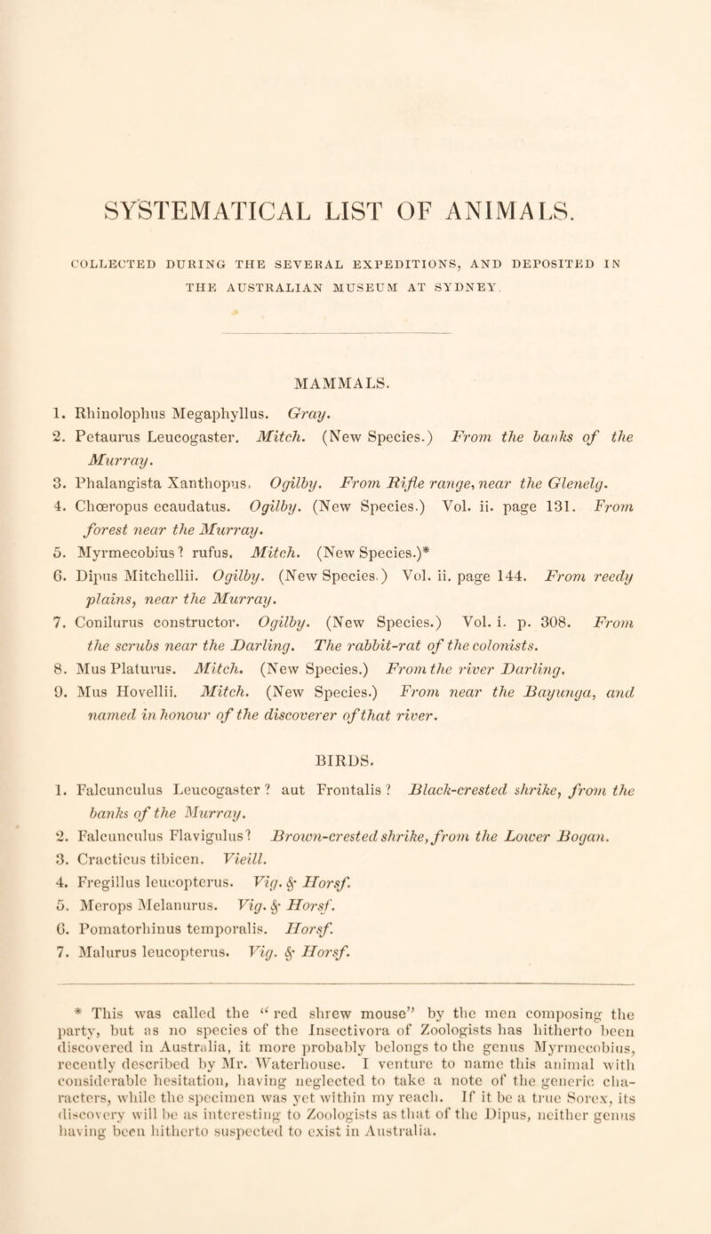 SYSTEMATICAL LIST OF ANIMALS. COLLECTED DURING THE SEVERAL EXPEDITIONS, AND DEPOSITED IN THE AUSTRALIAN MUSEUM AT SYDNEY MAMMALS. 1. Rhinolophus Megaphyllus. Gray. 2. PetauiTis Leucogaster. Mitch. (New Species.) From the hanks of the Murray. 3. Phalangista Xanthopus, Ogilby. From Rifle range, near the Glenelg. 4. Choeropus ecaudatiis. Ogilby. (New Species.) Vol. ii. page 131. Froyn forest near the Murray. o. Myrmecobius 1 rufus. Mitch. (New Species.)* 6. Dipus Mitchellii. Ogilby. (New Species,) Vol. ii. page 144. From reedy plains, near the Murray. 7. Conilurus constructor. Ogilby. (New Species.) Vol. i. p. 308. From the scrubs near the Darling. The rabbit-rat of the colonists. 8. Mus Platuvus. Mitch. (New Species.) From the river Darling. 9. Mas Hovellii. Mitch. (New Species.) From near the Bayunga, and named in honour of the discoverer of that river. BIRDS. 1. Falcunculus Leucogaster? aut Frontalis? Black-crested shrike, fi'om the banks of the Murray. 2. Falcunculus Flavigulus? Brown-crested shrike, from the Lower Bogan. 3. Cracticus tibicen. Vieill. 4. Fregillus leucoptcrus. Vig. Ilorsf. 5. Mcrops jMelanurus. Vig. §* Horsf. 0. Pomatorbinus temporalis. Ilorsf 7. Malurus leucopterus. Vig. Ilorsf. * This was called the red shrew mouse” by the men composing the })arty, but as no species of the Inscctivora of Zoologists has hitherto been discovered in Australia, it more probably belongs to the genus Myrinccobius, recently described by IMr. Waterhouse. I venture to name this animal with considerable hesitation, having neglected to take a note of the generic cha¬ racters, while the specimen was yet within my reach. If it be a true Sore.v, its discovery will be as interesting to Zoologists as that of the Dipus, neither genus liavitig been hitherto suspected to exist in Australia.