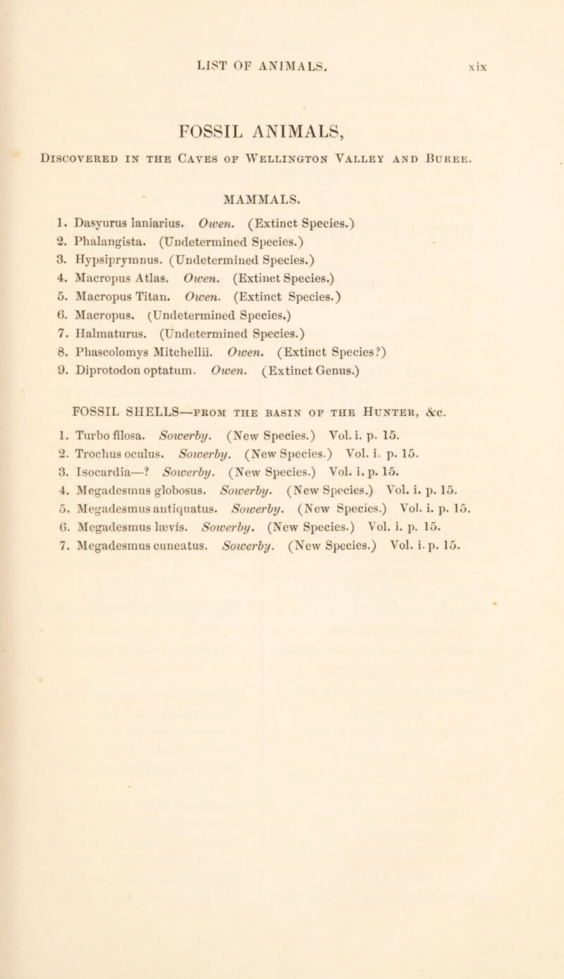 FOSSIL ANIMALS, Discovered in the Caves of Wellington Valley and Bukee. MAMMALS. 1. Dasyurus laniarius. Owen. (Extinct Species.) 2. Phalangista. (Undetermined Species.) 3. Hypsipryranus. (Undetermined Species.) 4. Macropus Atlas. Owen. (Extinct Species.) 5. Macropus Titan. Oioen. (Extinct Species.) 6. Macropus. (Undetermined Species.) 7. Halmaturus. (Undetermined Species.) 8. Phascolomys Mitchellii. Oioen. (Extinct Species?) 9. Diprotodon optatum. Owen. (Extinct Genus.) FOSSIL SHELLS—from the basin of the Hunter, &c. 1. Turbo filosa. Soioerhy. (New Species.) Vol. i. p. 15. 2. Trochus oculus. Sowerby. (New Species.) Vol. i. p. 15. 3. Isocardia—? Soiverby. (New Species.) Vol. i.p. 15. 4. Megadesrnus globosus. Sowerby. (New Species.) Vol. i. p. 15. 5. Megadesrnusantiqnatus. Soioerby. (New Species.) Vol. i. p. 15. G. Megadesrnus Isevis. Sowei'by. (New Species.) Vol. i. p. 15. 7. Megadesrnuscuneatus. Sowerby. (New Species.) Vol. i.p. 15.