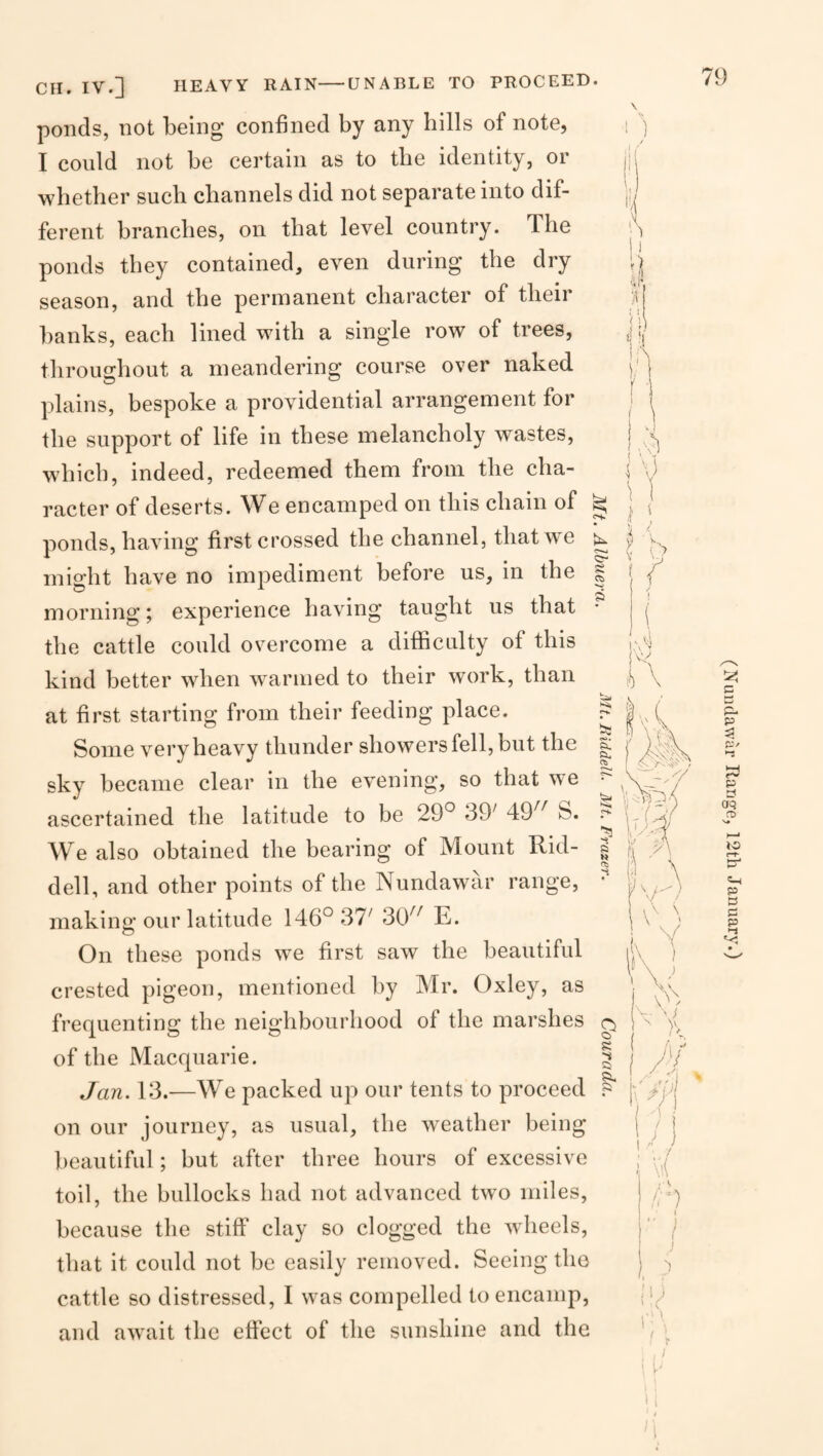 CH. IV.] HEAVY RAIN-UNABLE TO PROCEED. ponds, not being confined by any hills of note, I could not be certain as to the identity, or whether such channels did not separate into dif¬ ferent branches, on that level country. The ponds they contained, even during the dry season, and the permanent character of their banks, each lined with a single row of trees, throughout a meandering course over naked plains, bespoke a providential arrangement for the support of life in these melancholy wastes, which, indeed, redeemed them from the cha¬ racter of deserts. We encamped on this chain of ponds, having first crossed the channel, thatw^e might have no impediment before us, in the morning; experience having taught us that the cattle could overcome a difficulty of this kind better when warmed to their work, than at first starting from their feeding place. Some veryheavy thunder showers fell, but the sky became clear in the evening, so that we ascertained the latitude to be 29*^ 39' 49^^ S. We also obtained the bearing of Mount Rid¬ dell, and other points of the Nundawar range, making our latitude 146° 37' 30''^ E. On these ponds we first saw the beautiful crested pigeon, mentioned by Mr. Oxley, as frecjuenting the neighbourhood of the marshes of the Macquarie. Jan. 13.—We packed up our tents to proceed on our journey, as usual, the weather being beautiful; but after three hours of excessive toil, the bullocks had not advanced two miles, because the stiff clay so clogged the wheels, that it could not be easily removed. Seeing the cattle so distressed, I was compelled to encamp, and await the effect of the sunshine and the \ \ ■ 1 . It (Nundawar Range, 12th January.)