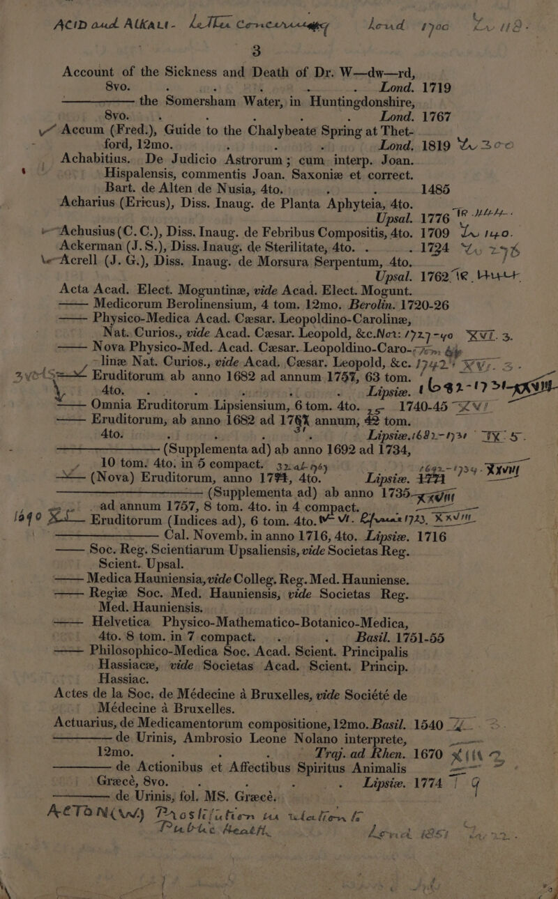 ACID aud AlKaALt- he Mea Concerta Loud 1700 3 Account of the Sickness and Death of Dr. W—dw—rd, 8vo.  me) 2 2M ‘ . Lond. 1719 the Somersham Water, in Huntingdonshire, Syo. ae : ; si Lond. 1767 (Fred.), Guide to the Chalybeate Spring at Thet- ford, 12mo. Lond. 1819 Lu 3° _ Achabitius.. De Judicio Astrorum ; cum. interp. Joan. +i 30 Hispalensis, commentis Joan. Saxonie et correct. Bart. de Alten de Nusia, 4to.. sy. ; 1485 Acharius (Ericus), Diss. Inaug. de Planta Aphyteia, 4to. Upsal. »Achusius(C.C.), Diss. Inaug. de Febribus Compositis, 4to. 1709 Lu so. Ackerman (J.S.), Diss. Inaug. de Sterilitate, 4to. . ~ 1734 Ws 29% \eAcrell (J. G.), Diss. Inaug. de Morsura Serpentum, 4to, let cae Upsal. 1762.18 ut Acta Acad. Elect. Moguntine, vide Acad. Elect. Mogunt. Medicorum Berolinensium, 4 tom. 12mo. Berolin. 1720-26 —— Physico-Medica Acad. Cesar. Leopoldino-Caroline, Nat. Curios., vide Acad. Cesar. Leopold, &amp;c.Nor: 1727-40 XT. 3. Nova Physico-Med. Acad. Czsar. Leopoldino-Caro-;%,, &amp;j abe Nat. Curios., vide se Cesar. Leopold, &amp;c. J742) WY;. 2 - 2yve(S=~ Eruditorum ab anno 1682 ad annum 175%, 63 tom. ‘ eat is * Meir: with ot uf . Lipsiz. 1692-17 &gt;1- 4K —— Omnia Eruditorum. Lipsiensium, 6 tom. 4to. ,- 1740-45 “ZV! Eruditorum, ab anno 1682 ad 1 7QX annum, 42 tom. Ato. . F  = Lipsie.1692-930 °° TKS. : (Supplementa ad) ab anno 1692 ad 1734, ee velo 10 tom. 4to: in 5 compact. 32 4h 6 1692.-173y. ! —— (Nova) Eruditorum, ne 17H, Ato. Lipsiz. 37 7 ‘aide ————__—————— (Supplementa ad) ab anno 1735-340 ; _ ad annum 1757, 8 tom. 4to. in 4 compact... | = § === laqo a Eruditorum (Indices ad), 6 tom. 4to.™ Vl. Rfrvarcaz 723, Kx + Cal. Novemb. in anno 1716, 4to.. Lipsiz. 1716 Soc. Reg. Scientiarum Upsaliensis, vide Societas Reg. Scient.. Upsal. Medica Hauniensia,vide College. Reg. Med. Hauniense. Regie Soc. Med. Hauniensis, vide Societas Reg. Med. Hauniensis. —— Helvetica Physico-Mathematico-Botanico-Medica, 4to. 8 tom. in 7 compact. . - ~ Basil. 1751-55 ——— Philosophico-Medica Soc, Acad. Scient. Principalis Hassiace, vide Societas Acad. Scient. Princip. Hassiac. Actes de la Soc. de Médecine a Bruxelles, vide Société de Médecine a Bruxelles. . see Actuarius, de Medicamentorum compositione, 12mo. Basil. 1540 4. - de Urinis, Ambrosio Leone Nolano interprete, — 12mo. ; . ; Traj. ad Rhen. 1670 Xi 2, de Actionibus et Affectibus Spiritus Animalis it Grecé, 8vo. : , : Lipsixw. 1774 | 4 ——— de Urinis, fol. MS. Grace. AETANW) Proslifition 14 wlalion IF Pubue Aeatit, Levick (887 v~ Accum 1776 TR ULAR;