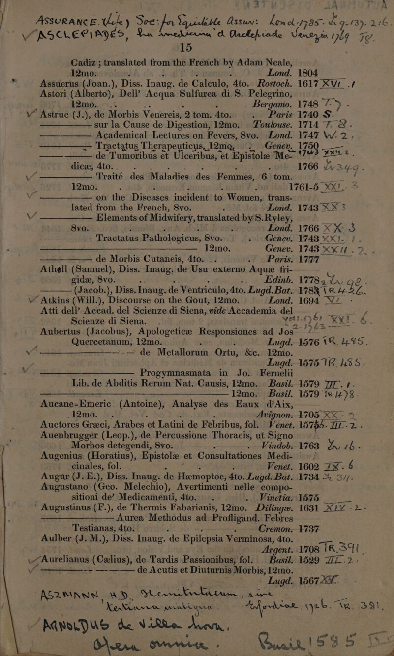 | ) i é \A Ana cLeornyes, Le daar hb Onkejrade cade Venwyin hs IY. 15 Cadiz ; tr anslated from the French by Adam Neale, 12mo. | Lond. 1804 ” Assuerus (Joan.), Disa. Inaug. de Galuulox Ato. Rostoch. 1617 XVi_.1 Astori (Alberto), Dell?’ Acqua Sulfurea di 8. Pelegrino, 12mo.... Bergamo. 1748 Ty : Astruc (J.), de Morbis Venereis, 2 tom. 4to. . Paris 1740 S. | —_——_—— sur la Cause de Digestion, 12mo. Toulouse. 1714 7. &amp; - Academical Lectures on Fevers, 8vo. Lond. 1747 \W. 2 - Tractatus Therapeuticus, 12mg. . Genev. 1750 ee —— de Tumoribus et Ulceribus, et Epistole “Me ‘74? 7 eare dice, Ato. : ; 1766 Jv Big J es Tratlé ode Maladies ee Fentwiés,. 6 tom. p é 12mo. ; | 1761-5. XS v ——+—— on the Diseases Pa to Women, trans- 2 lated from the French, 8vo. ' Lond. 1743 XX 3 Vv ————_——. Elements of Midwifery, translated ck S.Ryley, 8vo. _ Lond. 1766 X K 3 — Tractatus Pathologicus, 8vo. 2. Genev. 1748 KX). bs 12mo. Genev. 1743 XK . —_———— de Morbis Cutaneis, 4to. .. . (Paris. 1777 “ae Athell ——- Diss. Inaug., de Usu externo Aque fri- cide, 8 ; Edinb. 1778 ae Ne we (J st \ Diss. Inaug. de Ventriculo, 4to. Lugd. Bat... 1783\ &amp; prety ’ Atkins (Will.), Discourse on the Gout, 12mo. Lond. 1694 “Ce Atti dell’? Accad. del Scienze di Siena, vide Accademia del rte ABs Scienze di Siena. : Gnu beh XXL. G. Aubertus (Jacobus), Apologetice Responsiones id; deseo 2 é Quercetanum, 12mo. Lugd. 1576 VR. UES. Yo + de Metallorum Ortu, &amp;e. 12mo. Lugd. 1575 18 WSS. Progymnasmata in Jo. Fernelii Lib. de Abditis Rerum Nat. Causis, 12mo. Basil..1579 JIT. ¢- cCy ee ent een —————— 120. Basil. 1579 iw 148. Aucane-Emeric (Antoine), Analyse des Eaux dAix,~ 12mo. .)&gt;. Avignon. 1705 MK Auctores Greci, Arabes ‘et Tenttes de Febribus, fol. Venet. 15766. Tr. 3 Auenbrugger (Leop.), de Percussione Thoracis, ut Signo Morbos detegendi, 8vo. ; -.. Vindob. 1763 is sb. Augenius (Horatius), Epistole et Consultationes Medi- i cinales, fol. . Venet. 1602 7X. 6 Augar (J. E.), Diss. Inaug. de Hemoptoe; Ato. Lugd: Bat. 1734 3/7. Augustano (Geo. Melechio), Avertimenti nelle compo- sitioni de’ Medicamenti, 4to. . Vinetia. 1575 ' Augustinus (F.), de Thermis Fabarianis, 12mo. Dilingz. 1631 _X2¥ -2- —_—_—___—_———. Aurea Methodus ad. akbar cima Febres Testianas, Ato. Cremon. 1737 Aulber (J. M.), Diss. Inaug. ‘de Epilepsia Verminosa, Ato. geen Argent. 1708 (R341 _~Aurelianus (Czlius), de Tardis Passionibus, fol. Basil, 1529 Zi.2.- / ———_— de Acutis et Diuturnis Morbis, 12mo. Lugd. 1567X¥.. ASZMANN | wD. Soe atin ; A Aaek. oe Keine MrabLyrron ee Yeo St, PAWOLDUS dhe VARRo deen. or Mra Crem, Swain! S35 fh Vv ee ee ee