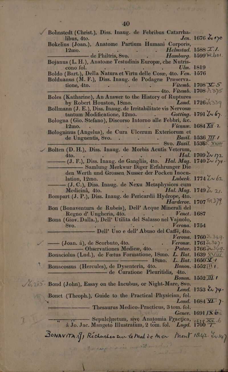 Bohnstedt (Christ.), Diss. Inaug. de Febribus Catarrha- libus, 4to. , Jen. Bokelius (Joan.), Anatome Patan Humans Corporis, 12mo. : . Helmstad. de Philtris, Svo. ‘ Hamburg. Bojanus (L. H.), Anatome Testudinis Europe, che Nutris- cono fol. Ulm. Boldo (Bart.), Della Natura et Virtu delle Cose, Ato. Ven. Bolduanus (M. F.), Diss. pin aa § de uae Preeserva- tione, 4to. Vitemb. OO Ato. Vitemb. Boles (Katharine), An Answer to the History of Ruptures by Robert Houston, 18mo. : Lond. Bollmann (J. E.), Diss. Tnaug. de lrritabilitate vis Nervosz tantum Modificatione, 12mo. Gotting. LPmoseS..&lt; Vienne. Bologninus (Angelus), de Cura Ulcerum Exteriorum et de Unguentis, 8vo.. ; : Basi —-- —____—_—__—_——__ 8vo.. Basil. Ato. . Hal. (J. F.), Diss. Inaug. de Gangliis, 4to. Hal: Mag. —__—_———— Samlung Merkwur Diger Erfahrunger Die den Werth und Grossen Nusser der Pocken Inocu- lation, 12mo. Lubeck. —— (J. C. ), Diss. Inaug. de Nexu Metaphysices cum ; Medicina, 4to. Hal. Mag. Bompart (J. P.), Diss. Inaug. de Pericardii Hydrope, 4to. Harderov. Bon (Bonaventura de Rubeis), Dell’ Acque Minerali del Regno @’ Ungheria, 4to. Venet. Bona (Giov. Dalla.), Dell’ Utilita: del Salasso nel Vajuolo, 8vo. Verona. ‘Dell’ Uso e del? Abuso del Caffe, 4to. Verona. Verone. Observationes Medice, 4to. Patav. Bonaciolus (Lud.), de Foetus Formatione, 18mo. L. Bat. ———_ 18m. L. Bat. Bonacossus (Hercules), de Dysenteria, 4to. Bonon. —_______———_—— de Curatione Pleuritidis, 4to. Bonon. Lond. art Cine ), Guide to the Practical Physician, fol. Lond ——— Thesaurus Medico-Practicus, 3 tom. fol. - Genev. 7 Sepulchretum, sive Anatomia Practica, , 4 Jo. Jac. Mangeto Illustratum, 2 tom. fol. Lugd. 1 1676 ag 10 1588 a a f= 159914. )p01. 1819 1576 1708 LS 1708 Ji2)5 172633 q 1791 Lv b&gt;. 168472 15365. Xv 1709 Ww 92. 1740 Zw yy 1774 L~ 62, 1749 Lu 2p. 1707182) 1687 1754 1760 3¢9- | 1761 34)- | 1766 $039. | 1639 XL 4 165027 15527 ¢ 1753 ty )y- 1691 [XK &amp; 674 350.6 i70) 7