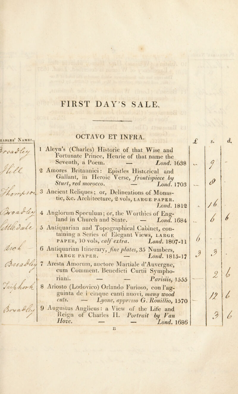 FIRST DAY’S SALE. UASERS* N.AMES. OCTAVO ET INFRA, 1 2 &~r\ o O - r> 0 J C Csrv a r~&-v _>• - tdaL-C- 4 5 Aleyn’s (Charles) Historie of that Wise and Fortunate Prince, Henrie of that name the Seventh, a Poem. — Lond. 1638 Amores Britannici: Epistles Historical and Gallant, in Heroic Verse, frontispiece by St-urt, red morocco. — Lond. 1703 Ancient Reliques; or, Delineations of Monas- tic, &c. Architecture, 2 vols, large paper. Lond. 1812 An glorum Speculum; or, the Worthies of Eng- land in Church and State. — Lond. 1684 Antiquarian and Topographical Cabinet, con- taining a Series ot Elegant Views, large paper, 10 vols, caf extra, Lond. 1807-11 Antiquarian ltinerary, fine piat es, 35 Numbers, LARGE PAPER. ‘ ‘ — Lotld. 1813-17 Aresta Amorum, auctore Martiale d’Auvergne, cum Comment. Benedicti Curtii Sympho- riani. — — Parisiis, 1355 Ariosto (Lodovico) Orlando Furioso, con Fag- guinta de i cuique canti nuovi, many wood cuts. — Lyone, appresso G. Rouil/io, 1370 Augustus Anglicus: a Vievv of the Life and Beign ol Charles II. Portrait by Pan Hove. — — 'Lond. 1686 B