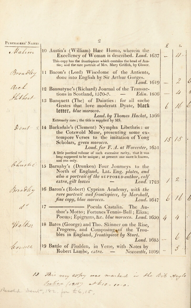 £ % $ <'><-■/ 10 Austin’s (William) Haec Homo, wherein the Excellency of Woman is clescribed. Lond. 1637 This copy has the frontispiece which contains the head of Aus- tin ; and the rare portrait of Mrs. Mary Griffith, by Glover. 11 BacotPs (Lord) Wisedome of the Antients, done into Eqglish by Sir Arthur Gorges. Lond. I6i9 12 Bannatyne’s (Ricbard) Journal of the Transac- tions in Scotland, 1570-3. — Edin. 1806 13 Banquett (The) of Dainties : for ali suche Gestes that love inoderatt Dyate, iettCG blae morocco. Lond. by Thomas Hacket, 1566 Extremely rare ; the title is supplied by MS. 14 Barksdale’s (Clement) Nympha Libethris : or the Cotsvvold Muse, presenting some ex¬ tern pore Verses to the imitation of Yong Scholars, green morocco. Lond. for E. A. at Worcester, 1651 A little poetical volurae of such excessive rarity, that it was lon<^ supposed to be unique; at present one more is known, and one only. 15 Barnaby^ (Drunken) Four Journeys to the North of England, Lat. Eng. plates, and also a portrait of the supposed author, calf extra, gilt leaves — Lond. 1723 16 BaroiTs (Robert) Cyprian Acaderny, with the rare portrait and frontispiece, by Marshall, fine copy, blae morocco. Lond. 1647 17 *— --- Pocula Castalia. The Au- thor’s Motto ; Fortunes Tennis-BalI ; Eliza; Poenis; Epigrams, &c. blae morocco. Lond. 1650 18 Bates (George) andTho. Skinner on the Rise, Progress, and Composing^of the Trou- bles in England, frontispiece by Sturi. Lond. 1685 19 Battle of EJotlden, in Verse, with Notes by Robert Lambe, extra. — Newcastle, 1809 / 4 - 'ff' A fi /s _ /