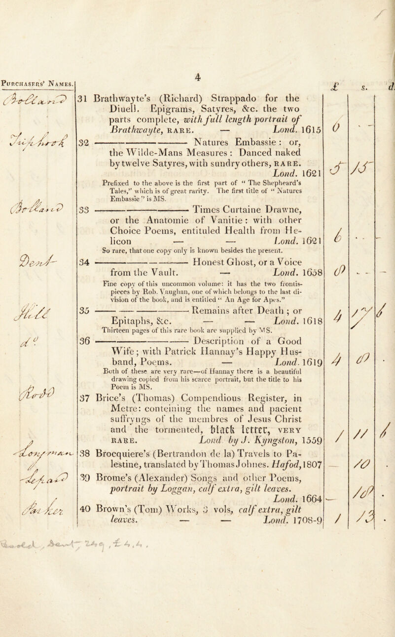 o / -n /.// / 31 32 A A:, o c> OO Brathwayte’s (Richard) Strappado for the Diuel). Epigrams, Satyres, &c. the two parts complete, withf ull length portrait of Brathwayte, rare. — Lond. 1615 --— Natures Embassie : or, the Wilde-Mans Measures : Danced naked bytwelve Satyres, witb sundry others, rare. Lond. 1621 Prefixed to the above is the first part of “ The Shepheard’s Tales,” which is of great rarity. The first title of “ Natures Embassie ’’ is MS. --——---— Times Curtaine Drawne, or the Anatomie of Vanitie : witb other Choice Poems, entituled Elealth from He¬ licon — — Lond. 1621 So rare, thatone copy only is known besides the present. -----Honest Gbost, or a Voice from tbe Vault. — Lond. 1658 s/ /A / A / Fine copy of this uncommon volume: it lias the two frontis- pieces by Rob. Vaughan, one of which belongs to the last di- vision of the book, and is entitled “ An Age for Apes.” 35 ——-—-Remains after Death ; or Epitapbs, &c. — —- Lond. 1618 Thirteen pages of this rare book are supplied by MS. 36 —---Deseription of a Good Wife; witb Patrick Hannay’s Plappy Plus- band, Poems. —- Lond. 1619 Both of these are ver_y rare—of Hannay thcre is a beautiful drawing copied from his scarce portrait, but the title to his Poem is AIS. 37 Brice’s (Thomas) Compendious Register, in Metre: conteining the names and pacient suffryims of the membres of Jesus Christ %j O and the tormented, bittCfc IctfCf, very rare. Loiid by J. Kyngston, 1559 38 Brocquiere’s (Bertrandon de la)Travels to Pa- lestine, translated by Thomas Jolmes. Hafod, 1807 39 Brome’s (Alexander) Songs and other Poems, portrait by Loggan, calf extra, gilt leaves. Lond. 1664 40 Brown’s (Tom) Works, 3 vols, caf extra, gilt leaves. — — Lond. 1708-9