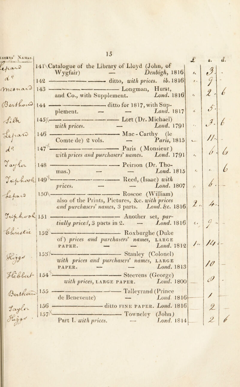 JAStKs' NaMIiS. ciu- 142 - 143 - (J}> QStd 144 - 14 ’oULhA''i^> 146 • i cl°- 147 - y*»jl. 148 (i TfaAT 149 150\ 151 152 i 1 - 153 ! 154 t 155 156 j * VtJ 157 15 141 Catalogue of the Library of Lloyd (John, of Wygfair) —- Denbigh, 1816 ----- ditto, with prices. 2*6.1816 —--Longman, Hurst, and Co., with Supplement. Lond. 1816 ditto for 1817, with Sup- — Lond. 1817 -Lort (Di\ Michael) with prices. — Lond. 1791 — Mac - Carthy (le — Paris, 1815 -- Paris (Monsieur) with prices and purchasers' names. Lond. 1791 — Peirson (Dr. Tho- — Lond. 1815 plement. Comte de) 2 vols. mas.) prices. Reed, (Isaac) zvith — Lond. 1807 ----Roscoe (William) also of the Prints, Pictures, &c. with prices and purchasers’ names, 3 parts. Lond.fyc. 1816 --Another set, par- tially pricedy 3 parts in 2. — Lond. 1816 Roxburghe (Duke of) prices and purchasers9 names, lap,ge paper. — — Lond. 1812 Stanley (Colonei) with prices and purchasers’ names, large paper. — — Lond. 1813 ---Steevens (George) with prices, large paper. Lond. 1800 -Talleyrand (Prince — Lond. 1816 de Benevente) Part I. with prices. ditto fine paper. Lond. 1816 — Towneley (John) — Lond. 1814