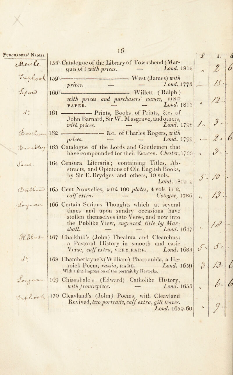 oLD d° OAl^. d> (f)n-o , jfOuA-\.4 . (dy&xLPy^LLL^ 4* r'*' otsL' w 7 ■l 161 162 d. 7t : 'y^OC' KfnCjdx^r*^ 16 158 Catalogueof the.Library of Townshend (Mar- quis of) witli prices. —* Lond. 1812 159 ——---—-——- West (James) with prices. — •— Lond. 1778 160 —--- Willett ( Ralph ) with prices and purchasers’ names, fine paper. — — Lond. 1813 —---Prints, Books of Prints, &c. of John Barnard, Sir W. Musgrave, andothers, with prices. — Lond. 1798 —-—- &c. of Charles Rogers, with prices. — -— Lond. 1799 163 Catalogue of the Lords and Gentlemen that have compounded for their Estates. Chester, 1783 164 Censura Literaria; containing Tities, Ab- stracts, and Opinions of Old English Books, by Sir E. Brydges and others, 10 vols. Lond. 1805 9 165 Cent Nouvelles, with 100 plates, 4 vols in 2, calf extra. ■— Cologne, 1786 166 Certain Serious Thoughts which at several times and upon sundry occasions have sloilen themselves into Verse, and now into the Publike View, engraved title by Mar¬ sh ali. — — Lond. 1647 167 ChalkhilTs (John) Thealma and Clearcbus: a Pastoral Historv in smooth and easie Verse, calf extra, vf/ry rare. Lond. 1688 16S Chamberlayne’s (William) Pharonnida, a He- roick Poem, russia, rare. Lond. 1659 With a fine impression of the portrait by Hertocks. 169 Chisenhale’s (Edward) Catholike History, with frontispiece. — Lond. 1653 170 Cleavland’s (John) Poems, with Cleavland Revived, two portraits, calf extra, gilt leaves. Lond. 1659-60