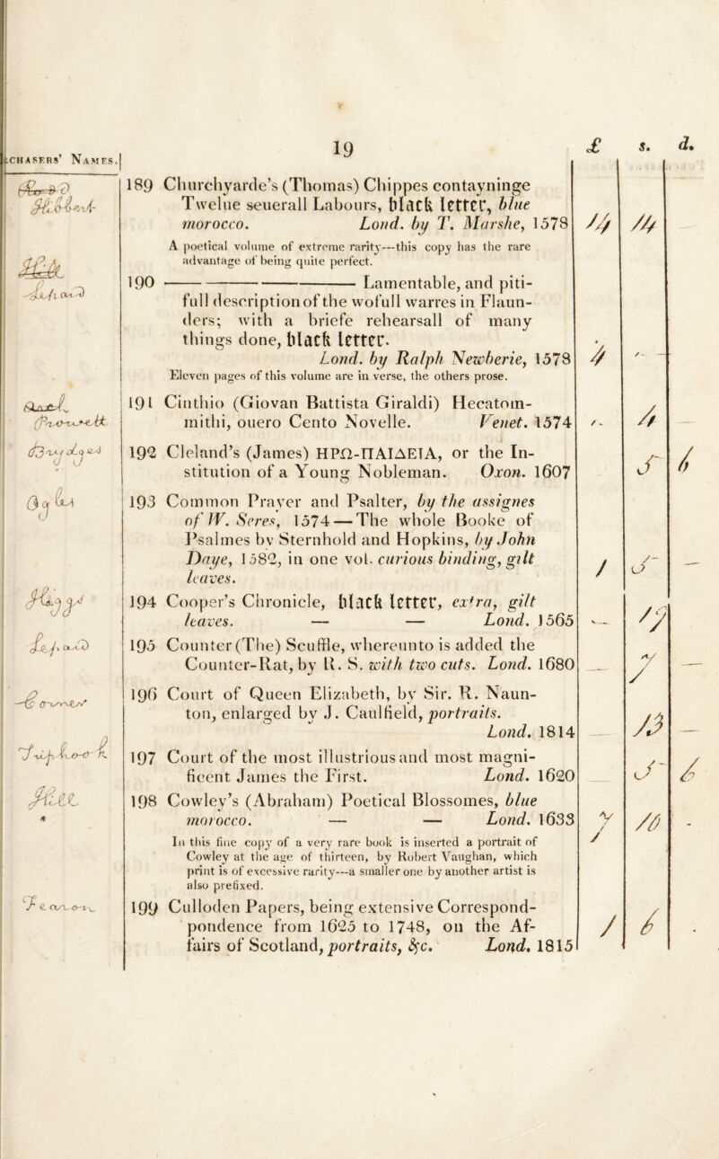 StUu- 'fji/l CVt t) OaJ^L cLqO-^ H. 0 Q cj C~~Lsy~^SLsf <\f R. /tiet 7 €. rtA o-t v. 189 Churchyarde’s (Thomas) Chippes contayninge Twelue seuerall Labours, MftCfc ICtfCT, blue morocco. Lond. by T. Marshe, 1578 A poetical volume of extreme rarity—this copy has the rare advantage ot' being quite perfect. 190 ----Lamentable, and piti- full descriptionof the wofull vvarres in Flaun- ders; with a briefe rehearsall of many things done, lilatfc UtteC. Lond. by Ralph Newberie, 1578 Eleven pages of this volume are in verse, the others prose. 191 Cinthio (Giovan Battista Giraldi) Hecatom- mitlii, ouero Cento Novelle. Venet. 1574 192 Cleland’s (James) HPI2-nAIAETA, or the In- stitution of a Young Nobleman. Oxon. 1607 193 Cominon Prayer and Psalter, by the assignes of IV. Seres, 1574 — The whole Booke of Psalmes bv Sternhold and Hopkins, by John Daye, 1582, in one vob curious binding, gilt Laves. 194 CoopePs Chronicle, Matk ICttCt*, extra, gilt Itaves. — — Lond. 1565 195 Counter (The) Scuffle, whereunto is added the Counter-Rat, by R. S. with twocuts. Lond. 1680 196 Court of Queen Elizabeth, by Si r. R. Naun- ton, enlaro-ed bv J. Caulfield, portraits. Lond. 1814 197 Court of the most illustriousand most magni¬ ficent James the First. Lond. 1620 198 Cowley’s (Abraham) Poetical Blossomes, blue morocco. — — Lond. 1633 In this fme copy of a very rare book is inserted a portrait of Cowley at the age of thirteen, by Robert Vaughan, which print is of excessive rarity—a smaller one by another artist is also prefixed. 199 Culloden Papers, being extensive Correspond- pondence from 1625 to 1748, 011 the Af- fairs of Scotland, portraits, fyc. Lond. 18151