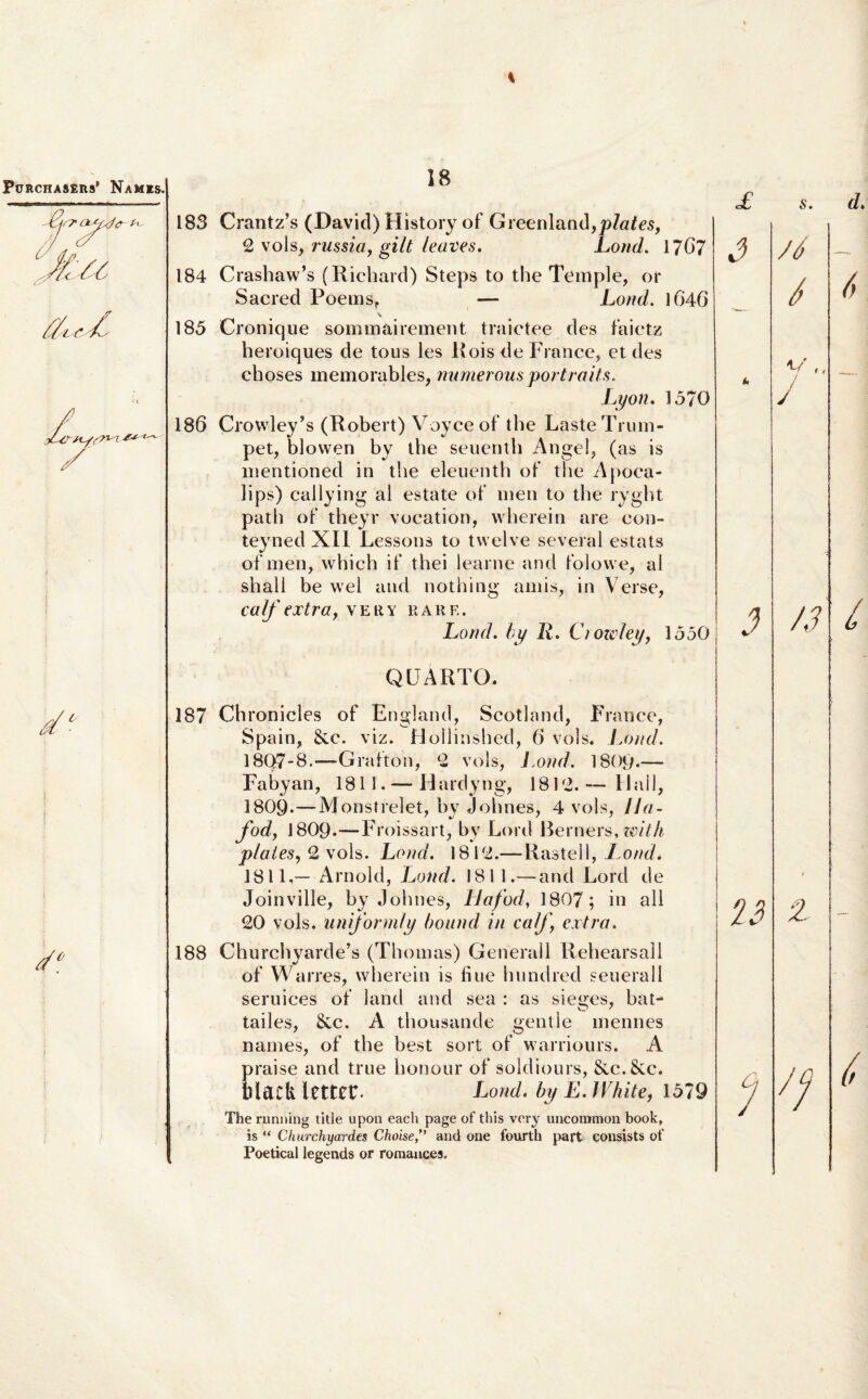 . Crantz’s (David) History of Greenland,p7a£es, 2 vols, russia, gilt leaves. Lond. 17G7 Crashaw’s (Richard) Steps to the Temple, or Sacred Poemsf — Lond. 1646 Cronique sommairement traictee des faictz heroiques de tous les Rois de France, et des choses memorables, numerousportraits. Lyon. 1570 Crowley’s (Robert) Voyceof the LasteTrum- pet, blowen by the seuentb Angel, (as is mentioned in tlie eleuenth of the Apoca- lips) callying al estate of uien to the rygbt path of theyr vocation, wherein are con- teyned XII Lessons to twelve several estats of men, which if thei learne and folowe, al shall be wel and nothing amis, in Verse, calf extra, very rare. Lond. by R. Crowley, 1550 QUARTO. 187 Chronicles of England, Scotland, France, Spain, &c. viz. Hollinshed, 6 vols. Lond. 18Q7-8.—Grafton, 2 vols, Lond. 1800.— Fabyan, 1811.— Hardyng, 1812. — Uail, 180Q.—Monstrelet, by Johnes, 4 vols, Ua- fod, 1809*—Froissart, by Lord Berners, with piales,ols. Lond. 1812.— Rastell, Lond* 1811,— Arnold, Lond. 1811.— and Lord de Joinville, by Johnes, LJafod, 1807; in ali 20 vols. uniformiy bound in calj\ extra. 188 Churchyarde’s (Thomas) Generali Rehearsall of Warres, wherein is fiue hundred seuerall seruices of land and sea : as sieges, bat- tailes, &c. A thousande gentle mennes names, of the best sort of warriours. A praise and true honour of soldiours, &c.&c. tllark ICttCtT- Lond. by L. IVhile, 1579 The running title upon eacli page of this very uncommon book, is “ Churchyard.es Choiseand one fourth part consists of Poetical legends or romances.