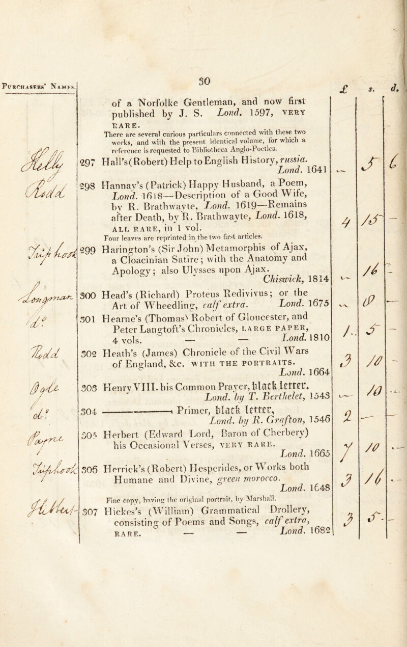 iVae-HASEtis’ Namks. 297 2Q8 299 & 'Tlvold' /j)q/Ia- t cl° fotfru- / / ^i^2/hjrp£c. / Hv/- 300 301 302 303 304 50- 306 30 of a Norfolke Gentleman, and now firsi published by J. S. Lond. 1597, very KARE. There are several curious particulars connected with these two works, and with the present identical volunie, for which a reference is requested to Bibliotheca Anglo-Poetica. HalPs( Robert) Help toEnglish History, rnssia. Lond. 1641 Hannav’s (Patrick) Happy Husband, a Poem, Lond. I6l8—Description of a Good Wife, bv R. Brathwayte, Lond. 1619—Remains after Death, by R. Brathwayte, Lond. 1618, ALL RARE, ili 1 Vol. Four leaves are reprinted in the two fxrst articles. Harington’s (Sir John) Metaniorphis of Ajax, a Cloacinian Satire; with the Anatomy and Apology; also Ulvsses npon Ajax. Chiswick, IS 14 Head’s (Richard) Proteus Redivivus; or the Art of Wheedling, caf extra. Lond. 1675 Hearne’s (Thomas^ Robert of Gloucester, and Peter Langtoft’s Cbronieles, large paper, 4 v0]s, — — Lond. 1810 IleatVs (James) Chronicle of the Civil W ars of Eneland, &e. with the portraits. & Lond. 1664 Henry VIII. his Commoti Prayer, hiatfc lettCG Lond. by T. Berthelet, 1543 -i Primer, h tk lettcr. 307 Lond. by R. Grafton, 1546 Herbert (Edward Lord, Baron of Cherbery) his Occasional Verses, very rare. Lond. 1665 HerricVs (Robert) Hesperides, or W orks both Humane and Divine, green morocco. Lond. 1648 Fine copv, having the original portrait, by Marshall. tlickes’s (William) Grammatical Prollery, consistirm of Poems and Songs, calj extra, rare. — — Lond. 1682