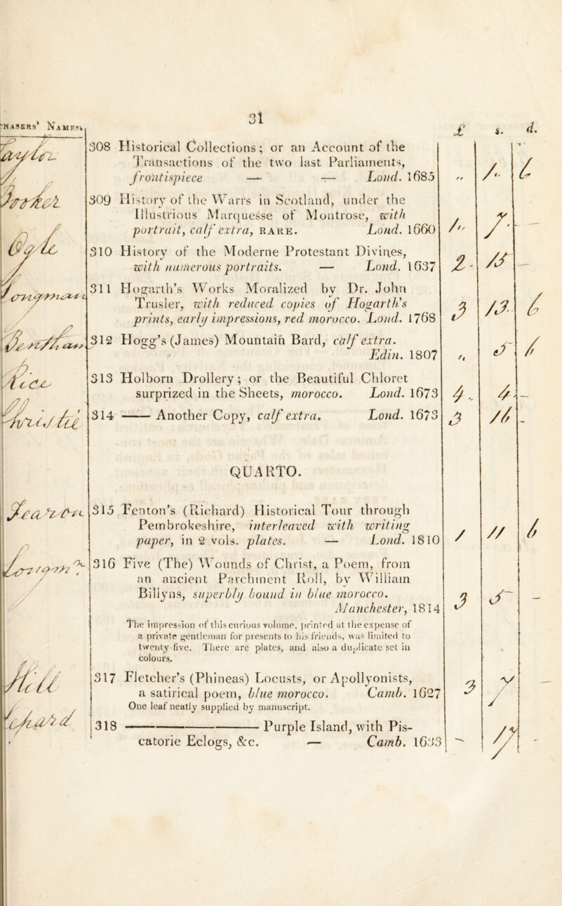 HASERS* NaMF.H f irxi i c % sp. I c C-C' 308 309 10 311 312 313 314 Historical Collcctions; or an Account of the Transactions of the two last Parliaments, frontispiece —- — Lond. 1685 History of the Warrs in Scotland, under the 11 lustrious Marcjuesse of Montrose, with portrait, caf extra, rare. Lond. 1660 History of the Moderne Protestant Divines, with numerous portraits. — Lond. 1637 HogartlTs Works Moralized by Dr. John Trusler, with reduced copies of HogartlTs prints, earhj impressions, red morocco. Lond. 1768 HoggY(James) Mountaih Bard, caf extra. Edin. 1807 Holborn Drollery; or the Beautiful Chloret surprized in the Sheets, morocco. Lond. 1673 -Another Copy, calf extra» Lond. 1673 A Z 3 4- o QUA RTO. 315 Fenton’s (Richard) Historical Tour through Pembrokeshire, interleaved with writing paper, in 2 vols. plates. — Lond. 1810 316 Five (The) Wounds of Christ, a Poeni, from an ancient Parchinent RolI, by William Biliyns, superbi >j bound in bine morocco. Manchester, 1814 The impresslon of this cnrious volume, printed at the expense of a private gentlemari for presents to lws friends, was limited to twenty-five. Tlierc are plates, and also a duplicate set in colours. 317 FletchePs (Phineas) Locusts, or Apollyonists, a satirical poetn, blue morocco. Camb. 1627 One leaf neatly supplied by manuscript. 318 -— Purple Island, with Pis¬ catorie Eclogs, &c. — Camb. 1633 / 3 s. / 9 /S /3 e) /4 // S v / /7