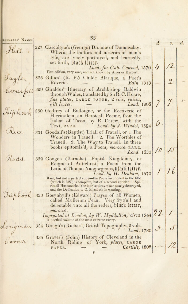 (aemoi/jjir -0 t>-?L n (y\- 327 Gascoigne’s (George) Droome of Doomesday. Wherin the frailties and miseries of maifs lyfe, are lyuely portrayed, and learnedly set forth, liiac& letter. Lond. for Gab. Cazcood, 1376 First edition, very rare, and not knovvn by Ames or Ilerbert. S28 Gillies’ (R. P.) Childe Alarique, a Poet’s Reverie. — — Editi. 1813 329 Giraldus’ Itinerary of Archbishop Baldwin throughWales, translated by SirR. C. Hoare, fine plates, large paper, 2 vols, russia, gilt leaves. — — Lond. 1806 330 Godfrey of Bulloigne, or the Recoverie of Plierusalem, an Heroicall Poeme, from tbe Italian of Tasso, by R. Carevv, with tbe Text, rare. Lond by J. IVindet, 1594 331 GoodalPs (Baptist) Triall of Trauell, or 1. Tbe VVonders in Trauell. 2. Tbe Worthies of Trauell. 3. The Way to Trauell. In three books epitomizYl, a Poeni, morocco, rare. Lond. 1630 332 Googe’s (Barnabe) Popish Kingdome, or Reigne of Anticlirist, a Poem from the Latin ofThomas Naogorgeous, Mack IcttCC, Lond. bif H. Denham, 1570 Rare, but not a perfectcopy—the Poem mentioned in the title (which is MS.) is complete, but of a second entitled “ Spi¬ rituali Husbandrie,” the four last leaves are nearly destroyed, and the Dedication to Q. Elizabeth is wanting. 333 GosynhylPs (Edward) Prayse of ali Women, called Mulierum Pean. Very frytfull and delectable vnto ali the reders, bldCk ICtttC, morocco. Imprynted at London, by IV. Myddylton, circa 1544 A poetical volume of the m-ost extreme raritv. 334 Gough’s (Richard) British Topography, 2 vols. • Lond. 1780 333 Graves’s (John) History of Cleveland in the North Riding of York, plates, large paper. — — Carlisle, 1808 F