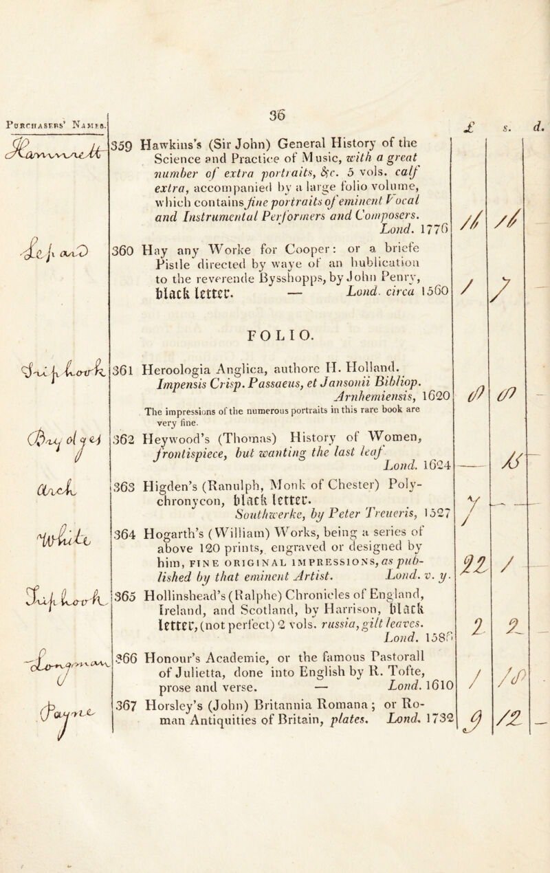 P0RCHASF.PS9 Namp.8. ^/VH Cind^ 36 359 Hawkins’s (Sir John) General History of the Science and Practice of Music, with a great number of extra portraits, fyc, 5 vols. calj extra, accompanied by a large folio volume, which containsJine portraits oj eminent I ocai and Instrumental Performem and Composers. Lond. 1776 Hay any Worke for Cooper: or a briete Pistle directed by waye of’ an hublication to the reverende Bysshopps, by John Penry, Iliadi lettcr. Lond. circa 1560 360 361 362 FOLIO. Heroologia Anglica, authore II. Holland. Impensis Crisp. Passaeus, et Jansonii Bihliop. Arnhemiensis, 1620 The impressions ofthe numerous portraits in this rare book are very iine. IIeywood’s (Thomas) History of Women, frontispiece, hui wanting the last leaj J 1 * Lond. 1624 36 Higden’s (Ranulph, Monk of Chester) Poly- chronycon, biftck ICtfCC. Southwerke, by Feter Treueris, 1527 364 Hogarth’s (William) Works, being a series of above 120 prints, engraved or clesigned by hira, FINE ORIG1NAL 1M PRESS 1 O N S, as piib- lished by that eminent Artist. Lond. v. y. 3/*\ J L . / 0 A 1365 Hollinshead’s (R alphe) Chronieles of England, ' Ireland, and Scotland, by Harrison, lUtlCli letter, (not perfect) 2 vols. russia,gi/t leaves. Lond. 1586 366 HonouPs Academie, or the famous Pastorali of Julietta, done into English by R. Tofte, prose and verse. — Lond. 1610 367 Horsley’s (John) Britannia Romana ; or Ro- man Antiquities of Britain, plates. Lond. 1732 aL r»\.£VVv