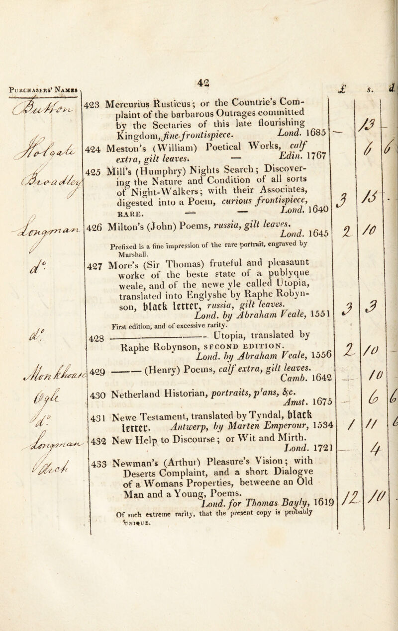 Pu RLH A3F.RS> Names /7,0 f&ayd 've-d M&u /i a*L 1° Os. 423 Mercuritis Rusticus; or tbe Countrie s Com- plaint of the barbarous Outrages cominitted by the Sectaries of this late flourishing ^ Kingdom,jinejrontispiece. Lond. l68o 424 Meston’s (YVilliam) Poetical Works, extra, gilt leaves. — hdin. 1767 425 MilFs (Humphry) Nights Search; Discover- ing the Nature and Condition of ali soits of Night-Walkers; with their Associates, diuested into a Poem, curious frontispiece, RARE. — — Lond' 1640 426 Milton’s (John) Poems, russia, gilt leaves. Lond. 1645 Prefixed is a fine impression of the rare portrait, engraved by Marshall. 427 More’s (Sir Thomas) fruteful and pleasaunt worke of the beste state of a publycpie weale, and of the newe yle called Utopia, translated into Englyshe by Raphe Robyn- son, black letter, russia, gilt leaves. Lond. by Abraltam Leale, 1551 First edition, and of excessive rarity. - LTtopia, translated by f // t/itirfi /cduTtcU A ' C/ v C-' 3 428 -- Raphe Robynson, second edition Lond. by Abraham Veale, 1556 409_(Henry) Poems, caf extra, gilt leaves. Camb. 1642 430 Netherland Historian, portraits, pTans, fyc. Amst. 1675 431 Newe Testament, translated by Tyndal, blacfc ItttZt- Antwerp, by Marten Emperour, 1534 432 New Help to Discourse; or Wit and Mirth. Lond. 1721 433 Newman’s (Arthur) Pleasure’s Vision ; with Deserts Complaint, and a short Dialogve of a Wonians Properties, betweerte an Old Man and a Young, Poems. Lond. for Thomas Bayly, 1619 Of such extreme rarity, that the present copy is prot>abIy 3 L / n