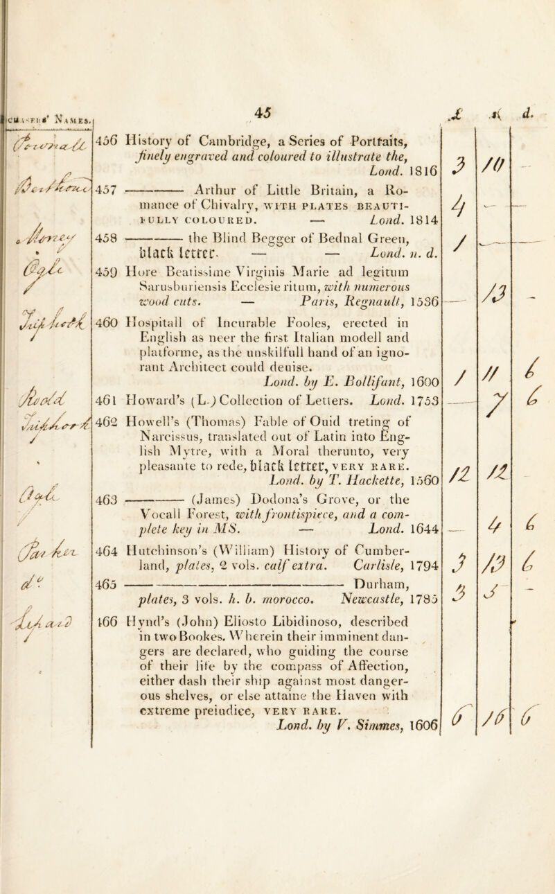 cUi-Fi;** NaAita. /4 ! t /? fi~Z<-L /f e/ ■' fi Jslijkiiftt / ;/ (fy't d? 'jjU / 45 f t 456 ITistory of Cambridffe, a Series of Porlfaits, , V O 7 ' jinely engraved and coloured to illustrate the, Lond. 1816 457 -Arthur of Little Britain, a ilo- mance of Chivalry, with plates beauti- HILLY COLOURED. - Loild. 1814 458 —-ihe Blind Begger of Bednal Green, blacfe Ictrcf. — — Lond. n. d. 459 Hore Beatissime Virginis Marie ad lesritum Sarusburiensis Ecclesie ritum, with numerous wood cuts. — Paris, Iiegnault, 1536 460 Hospitali of lncurable Fooles, erected in Eimlish as neer the first Italian modell and O platforme, as the unskilfull hand of an igno¬ rant Architect could deuise. Lond. by E. Bollifant, 1600 461 Howard’s (L.) Collection of Letters. Lond. 1753 462 HowelTs (Thomas) FableofOuid treting of Narcissus, translated out of Latin into Eng- lish Vlytre, with a Moral therunto, very pleasante to rede, Mfttft Icftng very rare. Lond. by T. Hackette, 1560 -(James) Dodona’s Grove, or the .X ■«( d. 463 464 4 65 166 Vocali Forest, with f 10 ut isp i e ce, and a com¬ plete key in MS. — Lond. 1644 Hutchinsor/s (William) History of Cumber- land, piales, 2 vols. calf extra. Carlisle, 1794 --_ Duiliam, plates, 3 vols. h. h. morocco. Newcastle, 1785 HymPs (John) Eliosto Libidinoso, described in twoBookes. Wherein their imminent dan- gers are declared, who guiding the course of their lite by the compass of Affection, either da-sh their ship against most danger- ous shelves, or else attaine the Haven with extreme preiudiee, very rare. Lond. by V. Simmes, 1606 3 /0 4 w— — / —- -— /3 / // --—- 7 /1 /1 — £ 3 /3 3 J- f /p / £ £