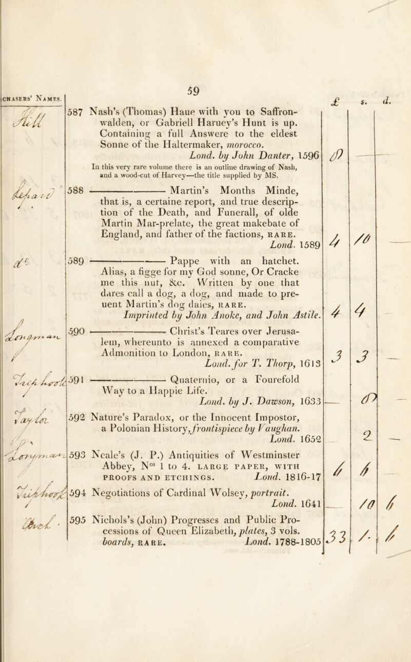 Mll A jUs/i a Z'C/ J 587 588 59 Nash’s (Thomas) Haue with you to Saffron- walden, or Gabriell Haruey’s Hunt is up. Containing a fu 11 Answere to the eldest Sonne of the Haltermaker, morocco. Lond. by John Danter, 1596 In this very rare volume there is an outline drawing of Nash, and a wood-cut of Harvey—the title supplied by MS. -Martin’s Montbs Minde, that is, a certaine report, and true descrip- tion of tbe Death, and Funerali, of olde Martin Mar-prelate, tbe great makebate of England, and fatber of the faetions, rare. Lond. 1589 589 J / r / / / of V ay isi. ... i Pappe with an batcbet. 590 Alias, a figge for my God sonne, Or Cracke me tbis nut, &c. Written by one that dares call a dog, a dog, and made to pre- uent Martin’s dog daies, rare. Imprinted by John Anoke, and John Astile. -- Christ’s Teares over Jerusa- . / / j / 591 592 593 594 595 leni, whereunto is atinexed a comparative Admonition to London, rare. Lond, for T. Thorpf 1613 Quaternio, or a Fourefold Way to a Happie Life. Lond. by J. Dawson, 1633 Nature’s Paradox, or tbe Innocent Impostor, a Polonian History,frontispiece by Vaughan. Lond. 1652 Neale’s (J. P.) Antiquities of Westminster Abbey, Nos 1 to 4. large paper, with PROOFS AND ETCHINGS. J^OJld. 1816-17 Negotiations of Cardinal Wolsey, portrait. Lond. 1641 Nichols’s (John) Progresses and Public Pro- cessions of Queen Elizabeth, plates, 3 vols. boardsj rare. Lond. 1788-1805