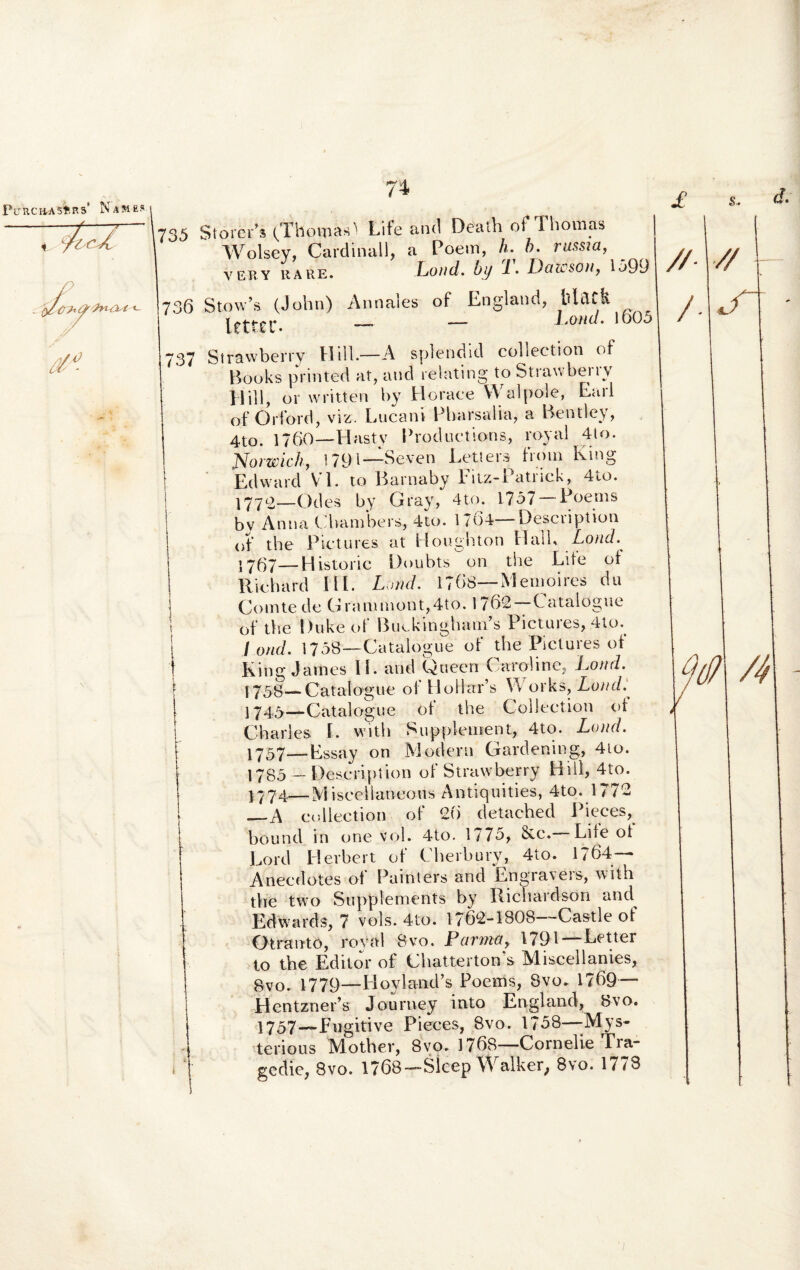 PimCHAsisRS' N am es. 'A- 735 736 737 74 Storeas (ThomasA Life and Death of Thomas Wolsey, Cardinali, a Poem, h. b. russta, Very rare. Lond. by i. Dawson, 1599 Stow’s (John) Annales of England, lilcttk letter. - - Lond- 1605 Strawberry Hili.—A splendid collection of Books printed at, and relating to Strawberry Hili, or written by Horaee YValpole, Lari of Orford, viz. Lucani Pharsalia, a Bentley, 4to. 1760—Hasty Productions, royal 4to. JSlormch, 1791—Se ve n Lettera frmn King Edward VI. to Earnaby I'itz-1 ati ick, 4to. 177<2—Odes by Cray, 4to. 1757 — Poenis bv Anna Cbambers, 4to. 1764 Desciiption of the Pictures at Houghton Hali, Lond. 1757—Historic Doubts on the Lite of Richard Iil. Lond, 1768— Meinoires du Comte de Grammont,4to. 1 /62- Catalogue of the Duke of IWkingham’s Pictures, 4to. l ond. 1758—Catalogue of the Pictures of King James II. and Queen Caroline, Lond. f75.g— Catalogue of HollaEs Works} Lond. 1745—Catalogue of the Collection of Charles I. with Suppleioent, 4to. Lond. 1757—Essay on Modern Gardening, 4io. 1785 — Description of Strawberry Hili, 4to. j774—Ai iscellaneo 11 s Antiquities, 4to. 1772 _A collection of 26 detached Pieces, bound in one vol. 4to. 1775, &c. Lite ot Lord Herbert of Cherbury, 4to. 1764— Anecdotes of Painters and Engravers, with the two Supplements by Richardson and Edwards, 7 vols. 4to. 1762-1808—Castle of Otranto, royal 8vo. Parma, 1791—Letter to the Editor of Chatterton s Miscellanies, 8vo. 1779—Hoyland’s Poenis, 8vo. 1769— HentznePs Journey into England, 8vo. 1757—fugitive Pieces, 8vo. 1758—Mys- terious Mother, Svo. 1768—Cornelie Tra- gcdie, 8vo. 1768—Sleep Walker, 8vo. 1773 1