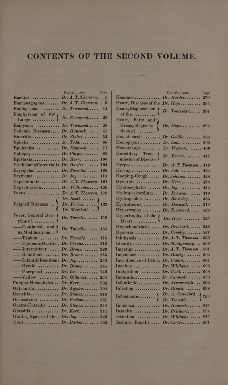 Emetics .seccosccvcse Emmenagogues ...... Emphysema Emphysema of the ’ Langs see csret ee § ca as Endemic Diseases.... PRLOPICIS fwinie 0 aaa ae BOOT ie foe's 5.0. écmace ns PAPUA CNUCS 6.55 « class ae Puts eee ees POBIStANAS sso veh. os, « Uv e ErethismusMercurialis Erysipelas so. c.5 ese Erythema .......... Expectorants ........ Expectoration......e. _ Favus ...... Feigned Diseases .. } - Fever, General Doc- ) rime Of fete ewe siics..? Continued, and t its Modifications. . —tTyphus — Epidemic Gastric . —— Intermittent Remittent —InfantileRemittent PICOUC) son dese. cs —Puerperal ......- Yellow Fungus Hematodes .. GCalvanisnh.. ecstncaain= Gastritis: tetas oaks Gastrodynia ......... Gastro-Enteritis ..... RSOOpiCIE Ts sae atest 3 Glottis, Spasm of the. BOGE occas Mew vesees Contributors, A. T. Thomson. . A. T. Thomson. », Townsend..... . Townsend....- , Townsend..... Hancock... 3's: « Wi COMES. «45 sais ROUGE fee cis 'ac0 Oe Dr. Hancock. .... Dr. Cheyne. .ee+es Dr. Kerr. Dr. Burder. , Tweedie. 2... « JOY. sovecees . A. T. Thomson. r. Williams..... Dr. Scectt.. Page 1 9 14 71 83 100 104 105 114 121 128 132 Dr. Marshall. .. Dr. Tweedie. ecoe Dr. Tweedie. Dr. Tweedie. Dr. Cheyne.....+ Dr. Brown. ....- DPS Brown &lt;biaae DIF SOY scape ne reas Dr. Brown. ...... DS AEs ene se 6 e Dr. Gillkrest. .... DO AAS ONT sane n/a Dr. Apjohn....... Drs Stoleese iy aera Dr. Barlow....... Dr. Stokes. «2.0. Dr erl.. vexeasas Dre Joy. va ve tees Dr. Barlow... eee 158 165 175 215 220 235 239 245 246 264 298 304 316 327 334 344 349 352 Headach fesdie, &lt;i ss Heart, Diseases of the Heart, Displacement : Of the, oI ices Heart, Fatty and Greasy Degenera- tions of ..... ace Hematemesis ........ Hemoptysis .......06 Hemorrhage ........ Hereditary Trans- mission of Disease Herpes inves sess see's Eieceap ss A S0vans &amp; Hooping-Cough ..... EEGORUOS’ oo ep ennh el Hydrocephalus ...... Hydropericardium ... Hydrophobia ........ Hypertrophy ......... Hypertrophy of the 2 1g See yee Hypochondriasis .... Hysteria .....-.ec0e¢ Tehthyosisies (02 vee t% Tdentity sos. ae 2c BPS GO Ssh ok &gt; Fea Impotence....... a Incontinence of Urine. POGUie sy ae cas 5 Indigestion ........ Induration .. 2. 0+... Infanticide &lt;2 «&lt;ccesavs Enteetion (y «s/svescs ses Inflammation...... ; EPntlGensast cesses THSARIEV AY sitet bs TeriGaiOn,.&lt; 5 vaca aoe Ischuria Renalis .... Contributors. Dr. Burder. eeteoee Drv Hopes ce ea « Page 379 385 Dr. Townsend..... 387 Dr TIGR Che ss os «6 S94 Dr, Goldie: sess Dye gs ase 6 «cho Dr. Watson.. ces. Dr. Browns sinc es 394 399 A409 417 Dr. A. T. Thomson.. DrrAtio. Sasa. Dr. Johnson. ....++ Dri KOs 6. aes DTG) sekca tees Dr. Darwall. ..... Dr. Bardsley... ... Dr. Darwall. ..... Dr. Townsend...... 419 424 428 434 452 479 483 518 523 535 548 557 586 588 591 594 604 606 608 Dre Hepes ves sce Dr. Prichard. asteae Dr. Conolly......++ Dr. A. T. Thomson. Dr. Montgomery... Dr. A. T. Thomson . Dr. Beatty. .. Drs Cumin ecrscrvas Dr. Williams. .... Dr T0dde ve sass se Dr. Carswell. 670 Dr. Arrowsmith. .. 682 Dr. Brown. ....+- 698 Dr. A. Crawford . ?] 700 Dr. Tweedie ....$ Dr. Hancock...... 815 Dr. Prichard. ..... 824 Dr. Williams ..... 875 Dri Cartlerias eer es 891 eeee e@eee