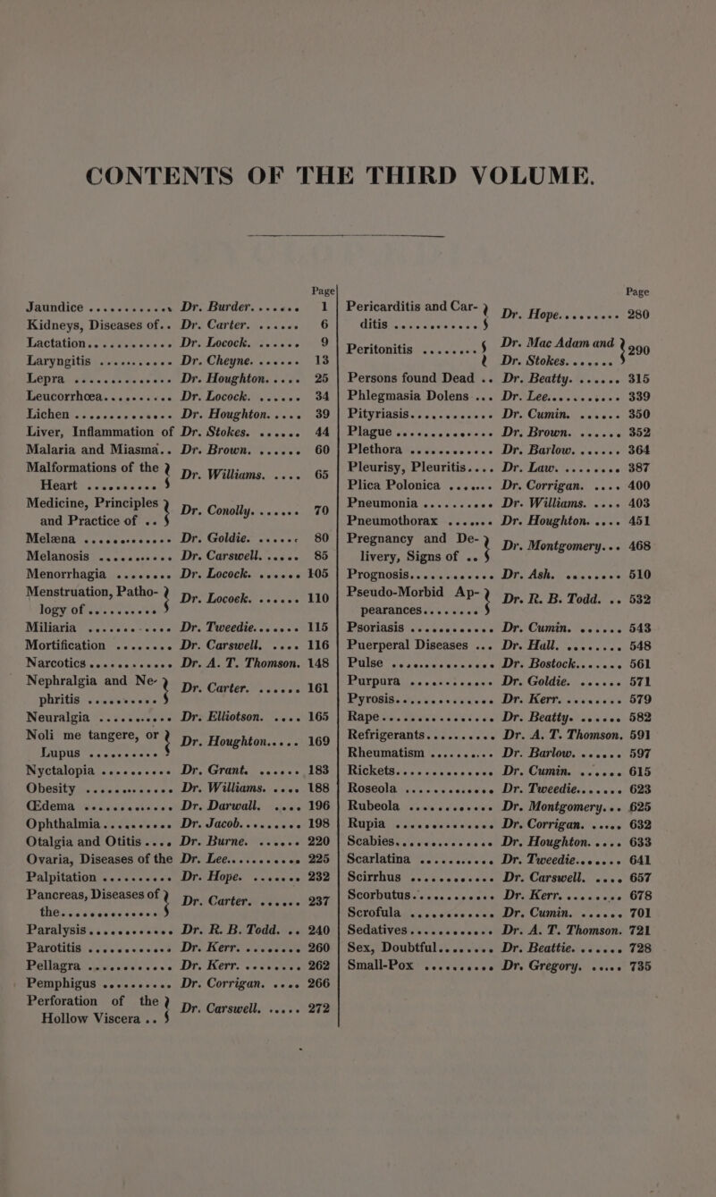 SRUNCIC® «ca cab be oe . Dr . Burder. eeeeceede Carter. 2 oso ° Lactation... .sivess oe) Ds LOCO. 56s. sie'e Laryngitis .........-- Dr. Cheyne. ...... DORI o Kavn's uh oe eocee Dr. Houghton... EACUNCH cic ccdanackees, Dt Malformations of the 2 CoE) vy Cae oe er Medicine, Principles d Dr and Practice of .. Menstruation, Patho- ; Dr logy ofss).vsese'ss LICOEN MD eke xn - Houghton. .... WLORCB. ag enws Brows oe see ws Goldie. eeeee0ct Carswell. ...+ Locock. weccos Nephralgia and Ne- } 7s phritis eecoeeeesae Noli me tangere, or t Dr Lupus eeeveoeeeene - Carswell. ..e0« A. T. Thomson. Elliotson. .... Ovaria, Diseases of the Dr. Pancreas, Diseases of } Dr Tics bh oe oc dees Williams. ..«- Darwall. ..-. SMC0D: Sve wewee Burne. cccere de IOC EE TONE. &gt; o wisine wie Carlee oss eee R. B. Todd. .. Perforation of the 2 Dr. Hollow Viscera.. § 4 Kerr. csctuces Corrigan. sees Carswell. wees. Page 105 110 115 116 148 161 165 169 183 188 196 198 220 225 232 237 240 260 262 266 272 Pericarditis and Car- ) dita cvedens aS Peritonitis: &lt;0. a0 ; Persons found Dead .. Phlegmasia Dolens.... Paty PViasis. jo se ae sees Plague vec cvesaccsces PISthOLa seivwewsn cease Pleurisy, Pleuritis.... Plica Polonica ....... Pneumonia ....... eee Pneumothorax ....... Pregnancy and De- livery, Signs of .. ; Prognosis......ccccee Pseudo-Morbid Ap- pearances...... oe ; PGOMasIs ON Seccas ees Puerperal Diseases ... POO’ ovcccawsunscae.s PGlpOTA ss cakes cusws PYTOGISs si cvecedecewe Rape ec theese seve se Refrigerants.......... Rheumatism .........- BIGK CIS jiisn waters ates ROSGEOIA bss :0:0:4 cckestie uaDCOlt) feats 4d an eaie's Rppia iicieeeeiscenbn SOADIGBS cisoveucee es ce Scarlating lees wsace sae Scirrhus ssevesnsnone MCOPRHCUS sb aics.« spouse ACTON A i cceevaers sss Sedatives.....ceseese Sex, Doubtful......e. Smal POR ese ces cas Dr. Hope. ...002+ Dr. Mac Adam and Dr. Stokes. «2... Dr. Beatty. ....0. DUMAG a Scataws Dr. Cummins 6s aes Dr. Brown. ....+. Dr. Barlow. ...... Dr Lea ce ve a 6 Dr. Corrigan. ...+ Dr. Williams. .... Dr. Houghton. .... Dr. Montgomery... Dr. Ash. eeeen008 Dr. R. B. Todd. .. Dr. Cumin. cesses DIP TAU coun oes «ie Dr. Bostock....... Dr. Goldie. ....0. DETERS aso deine Dr. Beatty. 22.0. Dr. A. T. Thomson. Dr. Barlow. «2... Dr. Cumin. ..cc0e Dr. Tweedie.....+- Dr. Montgomery... Dr. Corrigan. ...0+ Dr. Houghton. .... Dr. Tweedie.....++ Dr. Carswell. ...+. DCEO ach eas Dr. Cumin. ccccee Dr. A. T. Thomson. Dr. Beattie. .cceee Dr, Gregory. «0 280 315 339 350 352 364 387 400 403 451 468 510 532 543 548 561 571 579 582 591 597 615 623 625 632 633 641 657 678 701 721 728 735