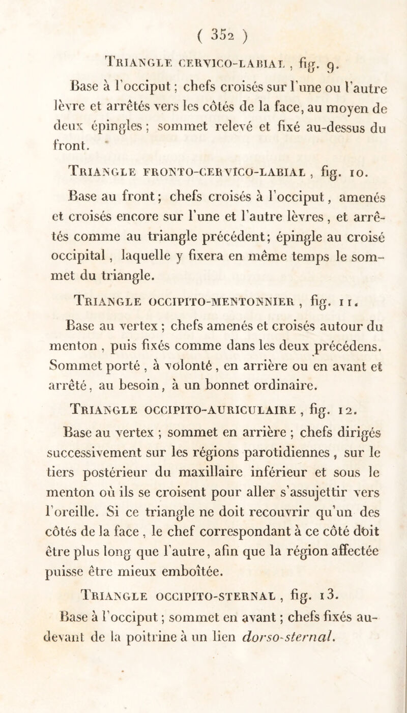 Triangle gervico-larial , fig, Base à l’occiput ; chefs croisés sur Fune ou Fautre lèvre et arrêtés vers les côtés de la face, au moyen de deux épingles ; sommet relevé et fixé au-dessus du front. Triangle fronto-ceryico-labial , fig. lo. Base au front ; chefs croisés à Focciput, amenés et croisés encore sur Fune et Fautre lèvres, et arrê¬ tés comme au triangle précédent; épingle au croisé occipital, laquelle y fixera en même temps le som¬ met du triangle. Triangle occipito-mentonnier , fig. ir* Base au vertex ; chefs amenés et croisés autour du menton , puis fixés comme dans les deux précédens. Sommet porté , à volonté, en arrière ou en avant et arrêté, au besoin, à un bonnet ordinaire. Triangle occipito-auriculaire , fig. 12. Base au vertex ; sommet en arrière ; chefs dirigés successivement sur les régions parotidiennes , sur le tiers postérieur du maxillaire inférieur et sous le menton où ils se croisent pour aller s’assujettir vers Foreille. Si ce triangle ne doit recouvrir qu’un des côtés de la face , le chef correspondant à ce côté duit être plus long que Fautre, afin que la région affectée puisse être mieux emboîtée. Triangle occipito-sternal , fig. i3. Base à Focciput ; sommet en avant ; chefs fixés au- devant de la poitrine à un lien dovsO'SternaL