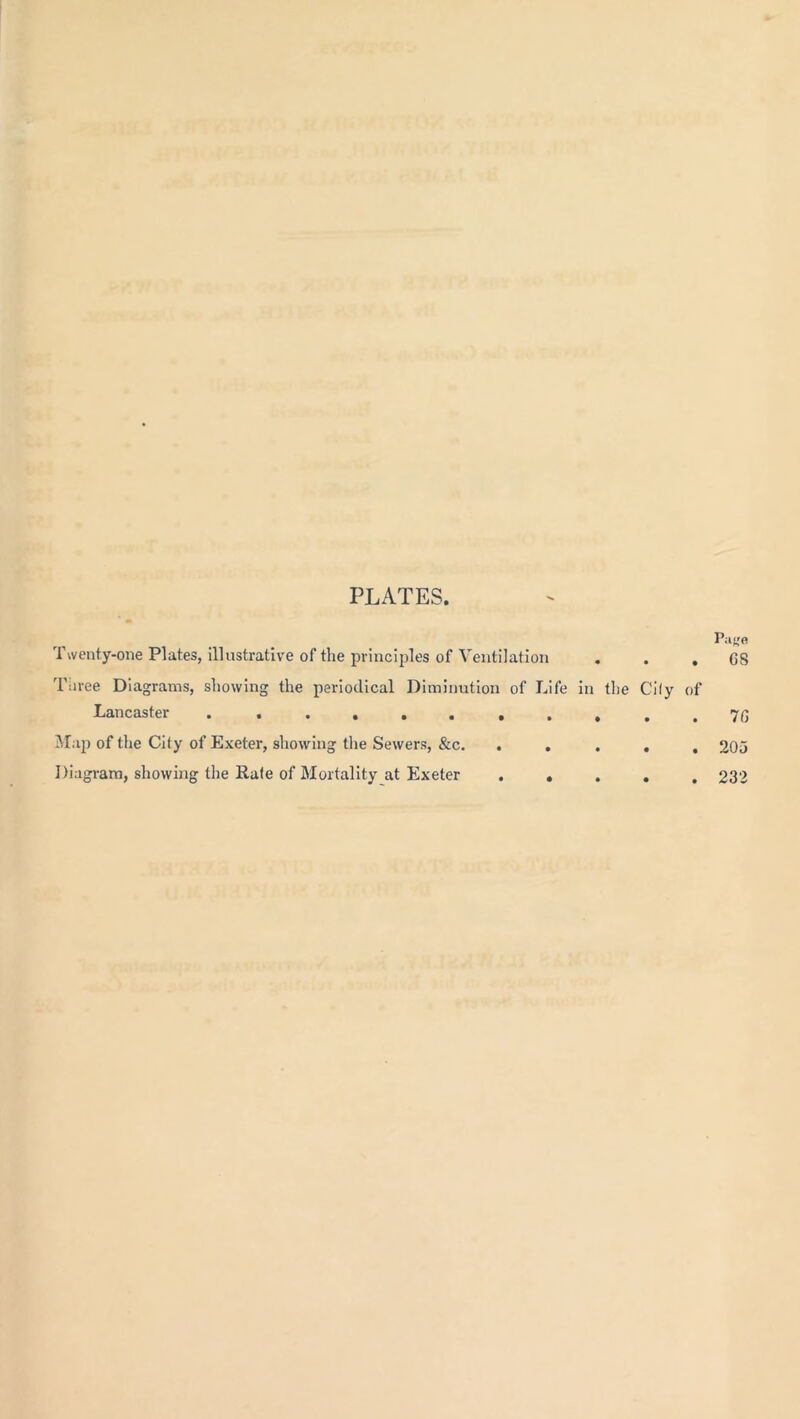 PLATES. Page Twenty-one Plates, illustrative of the principles of Ventilation ... 68 Three Diagrams, showing the periodical Diminution of Life in the Cily of Lancaster 7 c, Map of the City of Exeter, showing the Sewers, &c. ..... 205 Diagram, showing the Rate of Mortality at Exeter ..... 232