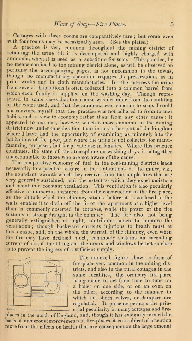 Cottages with three rooms are comparatively rare ; but some even with four rooms may be occasionally seen. (See the plates.) A practice is very common throughout the mining district of retaining the urine till it is decomposed and highly charged with ammonia, when it is used as a substitute for soap. This practice, by no means confined to the mining district alone, as will be observed on perusing the accompanying pages, is not uncommon in the towns, though no manufacturing operation requires its preservation, as in print works and in cloth manufactories. In the pit-rows the urine from several habitations is often collected into a common barrel from which each family is supplied on the washing day. Though repre- sented in some cases that this course was desirable from the condition of the water used, and that the ammonia was superior to soap, I could not convince myself that the practice was not adhered to from former habits, and a view to economy rather than from any other cause : it appeared to me one, however, which is more common in the mining district now under consideration than in any other part of the kingdom where I have had the opportunity of examining as minutely into the habitations of the poor, and where the urine is not collected for manu- facturing purposes, but for private use in families. Where this practice continues, the state of the atmosphere on washing days is altogether unaccountable to those who are not aware of the cause. The comparative economy of fuel in the coal-mining districts leads necessarily to a peculiar feature in the habitations of the miner, viz., the abundant warmth which they receive from the ample fires that are very generally sustained, and the extent to which they expel moisture and maintain a constant ventilation. This ventilation is also peculiarly effective in numerous instances from the construction of the fire-place, as the altitude which the chimney attains before it is enclosed in the walls enables it to drain off the air of the apartment at a higher level than is commonly observed in cottages, while the power of the fire sustains a strong draught in the chimney. The fire also, not being generally extinguished at night, contributes much to improve the ventilation ; though backward currents injurious to health must at times ensue, still, on the whole, the warmth of the chimney, even when the fire may have declined much, commonly sustains an ascending current of air, if the fittings at the doors and windows be not so close as to prevent the ingress of a sufficient supply. The annexed figure shows a form of fire-place very common in the mining dis- tricts, and also in the rural cottages in the same localities, the ordinary fire-place being made to act from time to time on a boiler on one side, or on an oven on the other, according to the manner in which the slides, valves, or dampers are regulated. It presents perhaps the prin- j cipal peculiarity in many cottages and fire- places in the north of England, and, though it has evidently formed the basis of numerous improvements in fire-places, it is an object of attention more from the effects on health that are consequent on the large amount