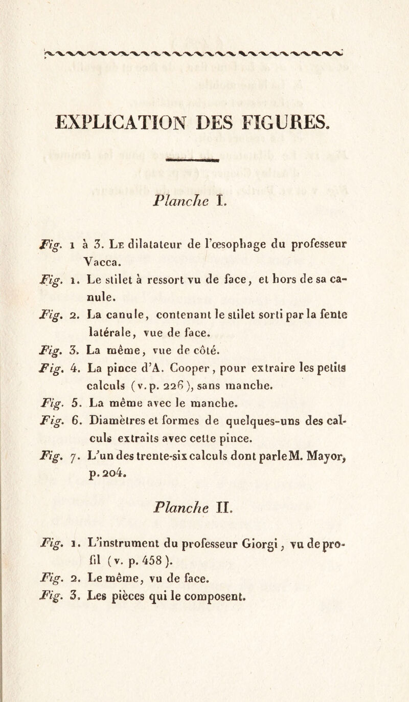 EXPLICATION DES FIGURES. Planche I. Fig. i à 3. Le dilatateur de l’oesophage du professeur Yacca. Fig. i. Le stilet à ressort vu de face, et hors de sa ca¬ nule. Fig. 2. La canule, contenant le stilet sorti par la fente latérale, vue de face. Fig. 3. La même, vue de côté. Fig. 4. La pince d’A. Cooper, pour extraire les petits calculs (v.p. 228 ), sans manche. Fig. 5. La même avec le manche. Fig. 6. Diamètres et formes de quelques-uns des cal¬ culs extraits avec cette pince. Fig. 7. L'un des trente-six calculs dont parle M. Major* p.2C)4. Flanche II. Fig. 1. L’instrument du professeur Giorgi, vu de pro¬ fil ( v. p. 458 ). Fig. 2. Le même, vu de face. Fig. 3. Les pièces qui le composent.