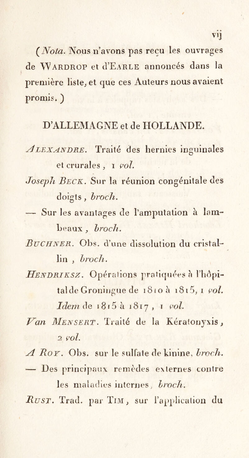 V1J (Nota. Nous n’avons pas reçu les ouvrages de Wardrop et (I’Earle annoncés dans la première liste;et que ces Auteurs nous avaient promis. ) D’ALLEMAGNE et de HOLLANDE. Alexandre. Traité des hernies inguinales O et crurales , i col. Joseph Beck. Sur la réunion congénitale des doigts , broch. — Sur les avantages de l’amputation à lam¬ beaux , broch. Buctener. Obs. d’une dissolution du cristal¬ lin > broch. Hendriksz. Opérations pratiquées à l’hôpi¬ tal de Groningue de 1810 à 1815, 1 col. Idem de 1 815 à 1817, 1 coh Van Mensert. Traité de la Kératonvxis , «y * 2 col. A Boy. Obs. sur le sulfate de kinine, broch. — Des principaux remèdes externes contre les maladies internes, broch. R ust. Trad. par Tim ; sur l’application du