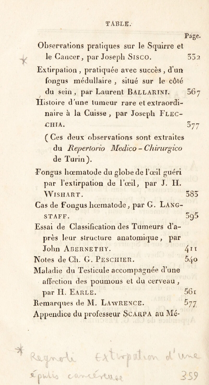 Page. Observations pratiques sur le Squirre et le Cancer, par Joseph Sisco. 552 Extirpa i ton , pratiquée avec succès , d’un fongus médullaire , situé sur le côté du sein, par Laurent Ballarini. 067 Histoire d une tumeur rare et extraordi¬ naire à la Cuisse , par Joseph Fleo CHIA. 577 ( Ces deux observations sont extraites du Répertorie> Medico - Chirurgico de Turin). Fongus hœmatode du globe de l’œil guéri par l’extirpation de l’œil, par J. H. WlSHART. 385 Cas de Fongus hœmatode, par G. Lang- staff. 5g5 Essai de Classification des Tumeurs d’a¬ près leur structure anatomique, par John ÀBERNETFIY. 411 Notes de Ch. G. Peschier. 54o Maladie du Testicule accompagnée d’une affection des poumons et du cerveau , par II. Earle. 561 [Remarques de M. Lawrence. 5jj Appendice du professeur Scarpa au Mé- n 3 ç 0 c