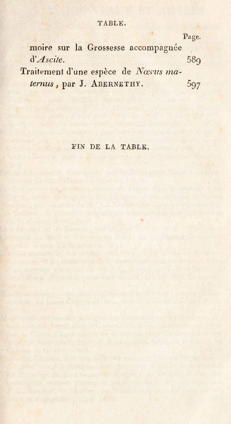 Page. moire sur la Grossesse accompagnée «Y^lscite. 58g Traitement d’une espèce de Nœ vit s mci- iernus, par J. Abernethy. 59 7 FIN DE LA TABLE,