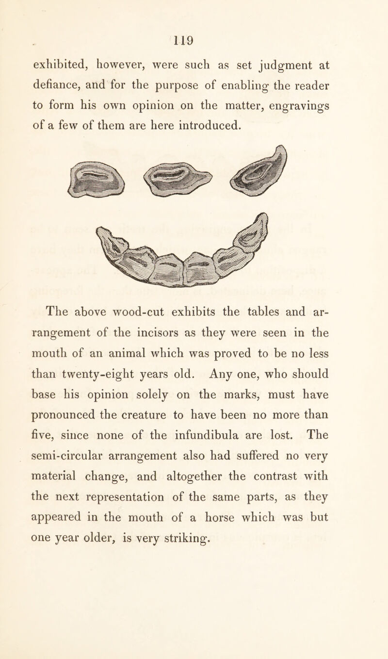 exhibited, however, were such as set judgment at defiance, and for the purpose of enabling the reader to form his own opinion on the matter, engravings of a few of them are here introduced. The above wood-cut exhibits the tables and ar¬ rangement of the incisors as they were seen in the mouth of an animal which was proved to be no less than twenty-eight years old. Any one, who should base his opinion solely on the marks, must have pronounced the creature to have been no more than five, since none of the infundibula are lost. The semi-circular arrangement also had suffered no very material change, and altogether the contrast with the next representation of the same parts, as they appeared in the mouth of a horse which was but one year older, is very striking.