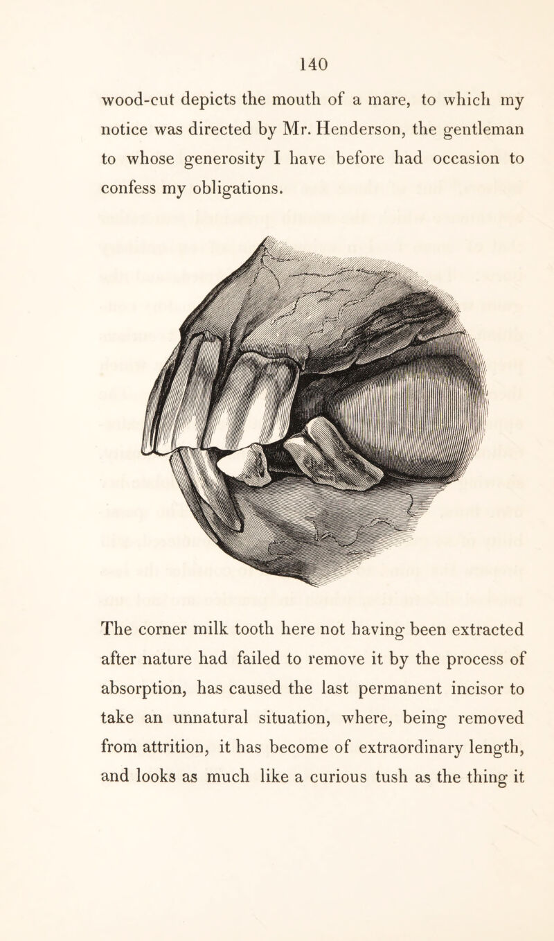 wood-cut depicts the mouth of a mare, to which my notice was directed by Mr. Henderson, the gentleman to whose generosity I have before had occasion to confess my obligations. The corner milk tooth here not having been extracted after nature had failed to remove it by the process of absorption, has caused the last permanent incisor to take an unnatural situation, where, being removed from attrition, it has become of extraordinary length, and looks as much like a curious tush as the thing it