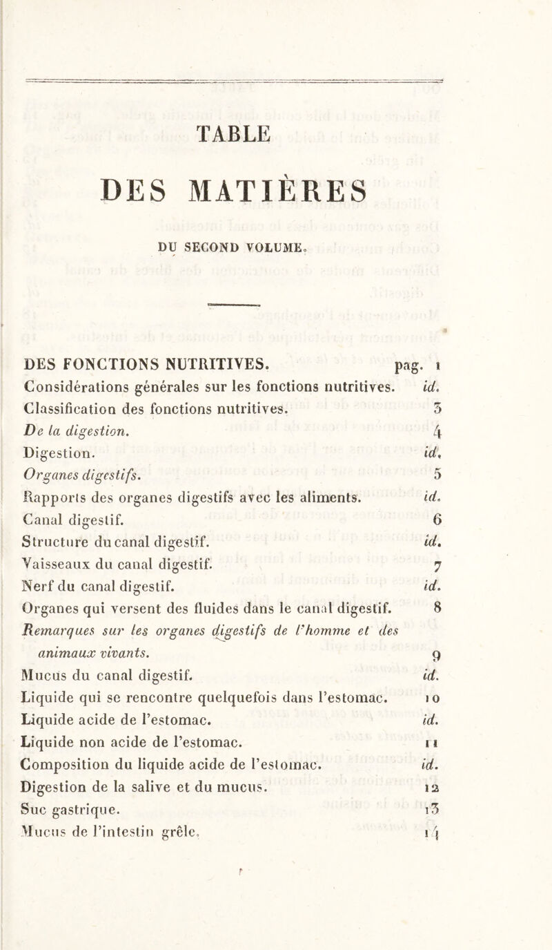 TABLE DES MATIÈRES DU SECOND VOLUME» OD DES FONCTIONS NUTRITIVES. ï Considérations générales sur les fonctions nutritives. Classification des fonctions nutritives. De la digestion. Digestion. Organes digestifs. Rapports des organes digestifs avec les aliments. Canal digestif. Structure du canal digestif. Vaisseaux du canal digestif. Nerf du canal digestif. Organes qui versent des fluides dans ie canal digestif. Remarques sur les organes digestifs de l'homme et des animaux vivants. Mucus du canal digestif. Liquide qui se rencontre quelquefois dans l’estomac. Liquide acide de l’estomac. Liq uide non acide de l’estomac. Composition du liquide acide de l’estomac. Digestion de la salive et du mucus. Suc gastrique. Mucus de l’intestin grêle.